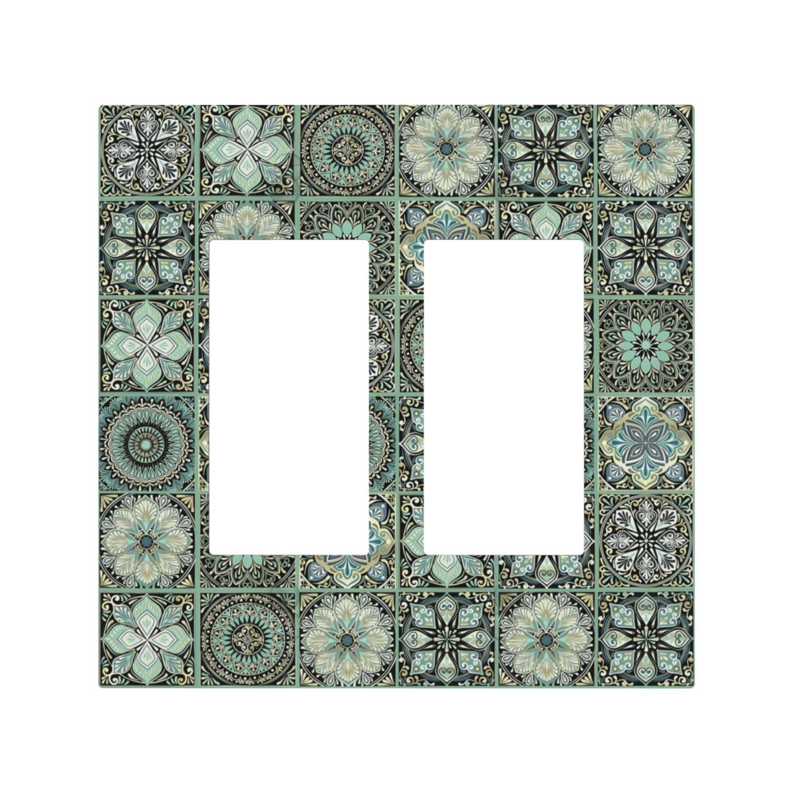 Moroccan Mandala Tile Floral Talavera Tiles Decorative Outlet Covers 2 Gang Double GFCI Rocker Electrical Wall Panels Light Switch Cover Plate for Bathroom Kitchen Decor