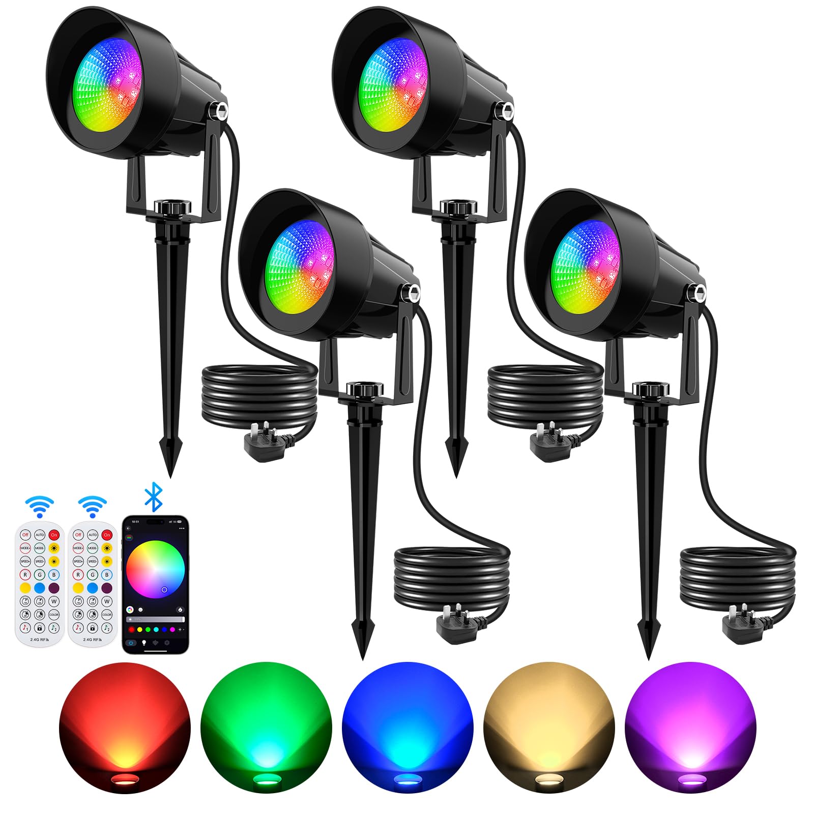 NATPOW Garden Spot Lights Mains Powered, Garden Spike Lights RGB & Warn White App Control LED Outdoor Landscape Spotlights, IP65 Waterproof Remote Control Outdoor Light for Lawn, Yard 4 Pack
