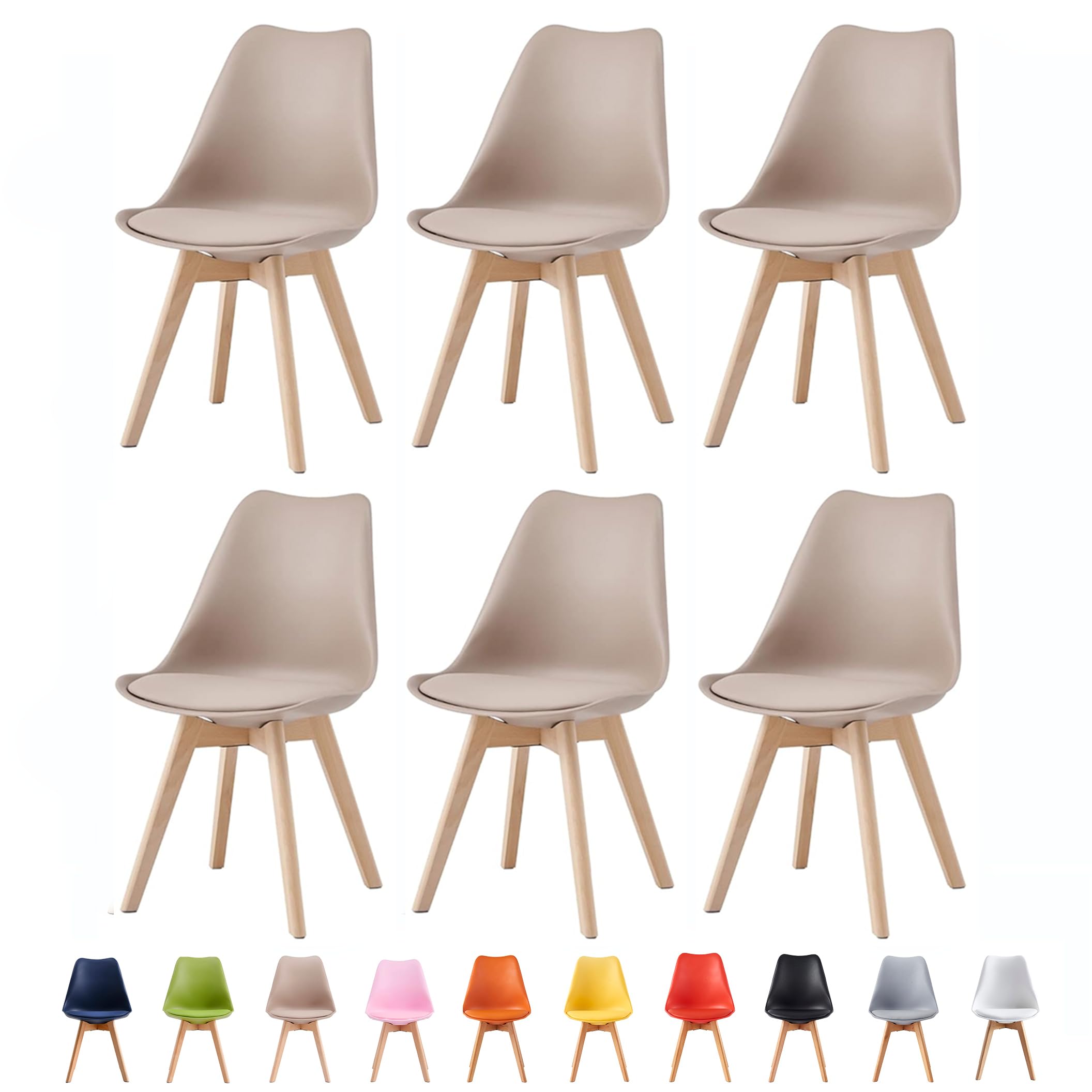 mcc direct Set of 6 Dining Chairs Wooden Legs Soft Cushion Pad Stylish DELUXE Retro Lounge Dining Office EVA (Brown)