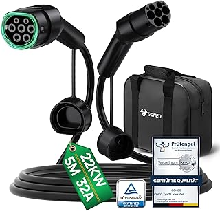 GONEO Typ 2 Ladekabel 22kW 5M 32A Ladekabel Elektroauto Typ 2 3 Phasig für E Auto EV/PHEV Modus 3 mit Tasche Geeignet für Model S/3/X/Y e-Golf ID.3 i3/i8