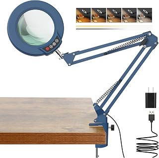 10X Magnifying Glass with Light and Clamp, Real Glass Stand Lighted Magnifier, 5 Color Modes Stepless Dimmable LED Desk Lamp Hands Free for Crafts Hobby Reading Painting Sewing Close Work - Blue