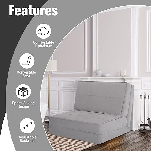 Miniatura 5 de COSTWAY Silla abatible convertible, sofá cama plegable triple ajustable de 5 posiciones, marco de acero, tela de gamuza suave, cama de juego