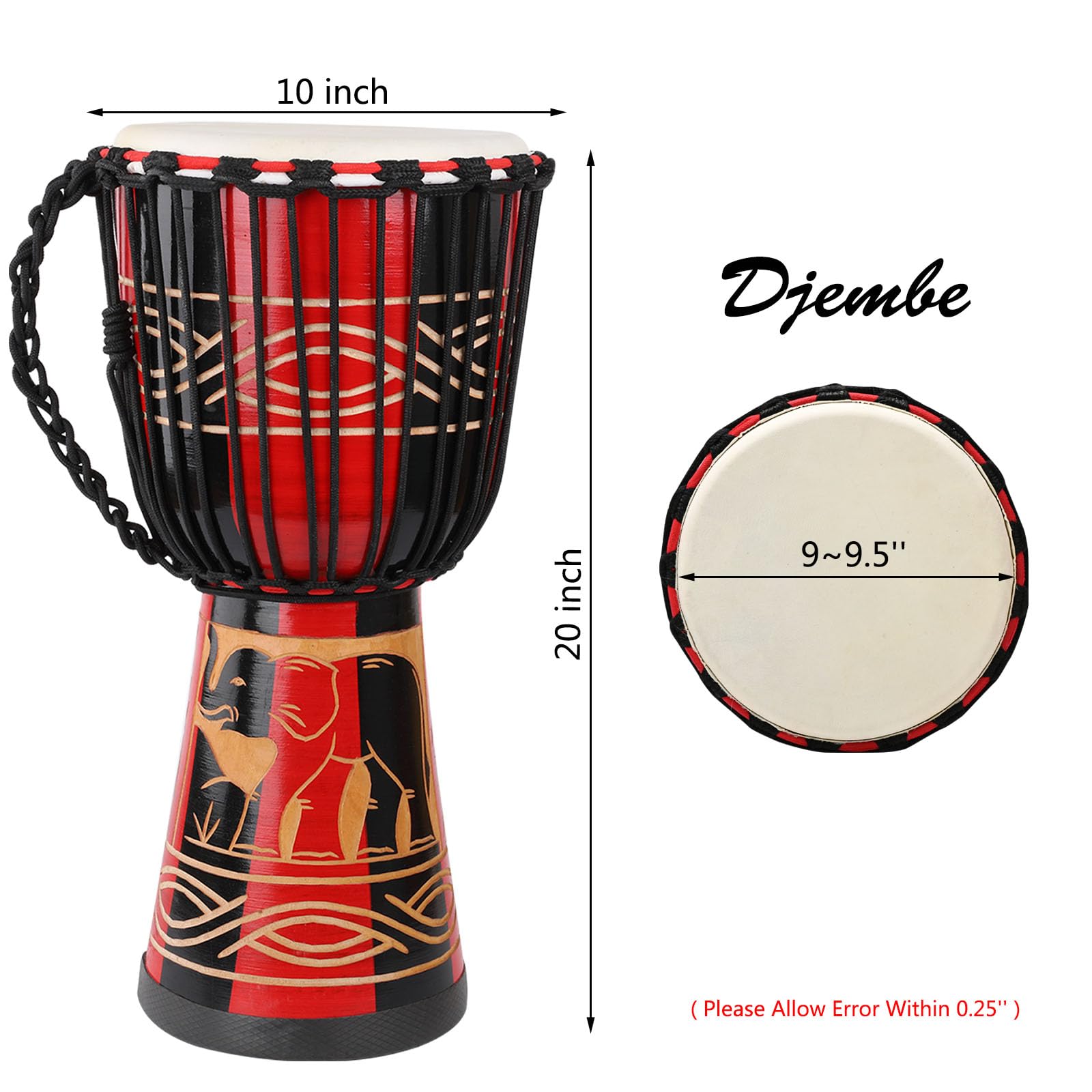 Djembe Drum 10'' x 20'' Goatskin African Drum Carved of Mahogany Hand Drums for Adults Beginner (Red)
