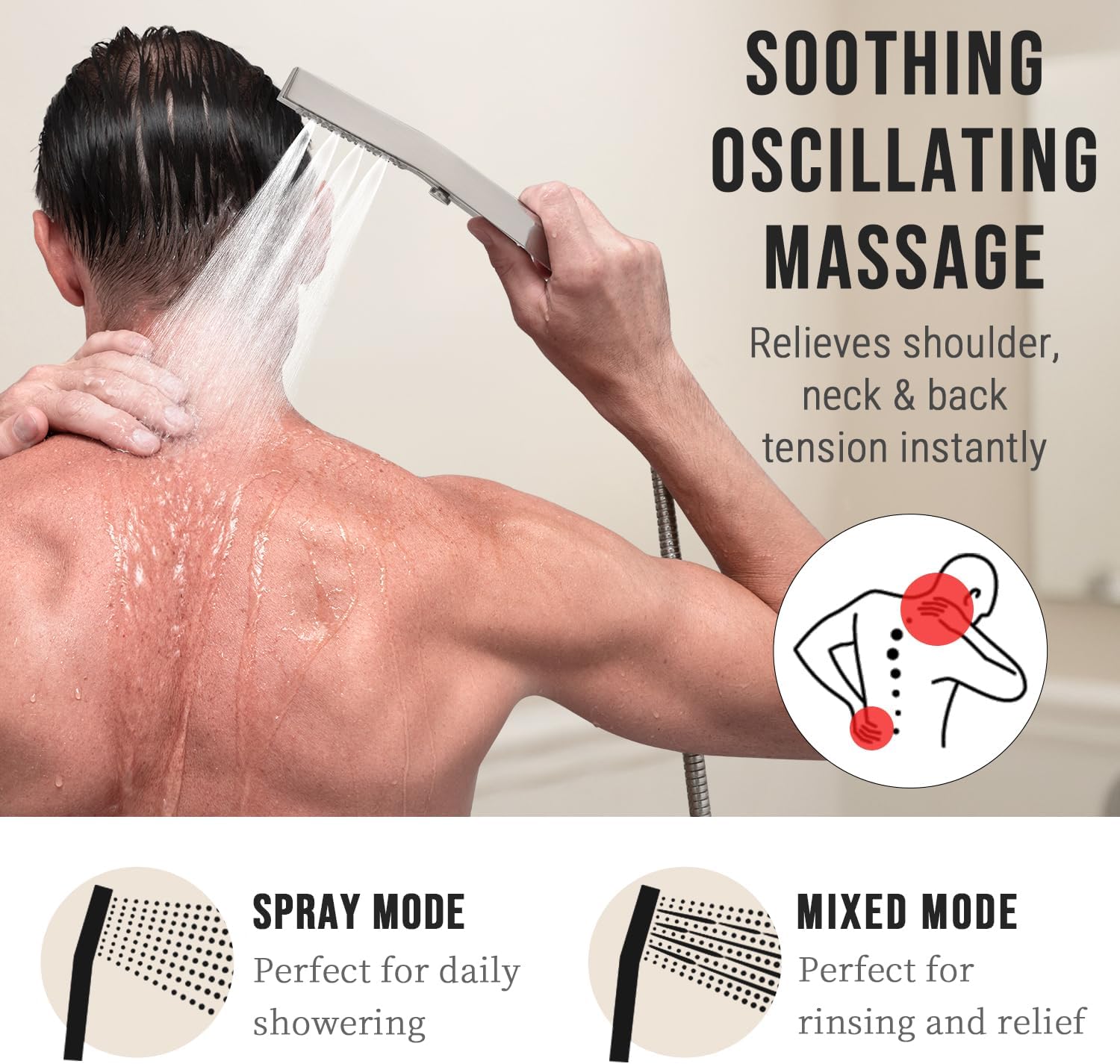 G-Promise All Metal Square 3 Function Handheld Shower Head, Easy and Quick Switch to Massage Mode, Bathroom Shower Wand Design Exquisite Luxury, 2.5 GPM, Brushed Nickel