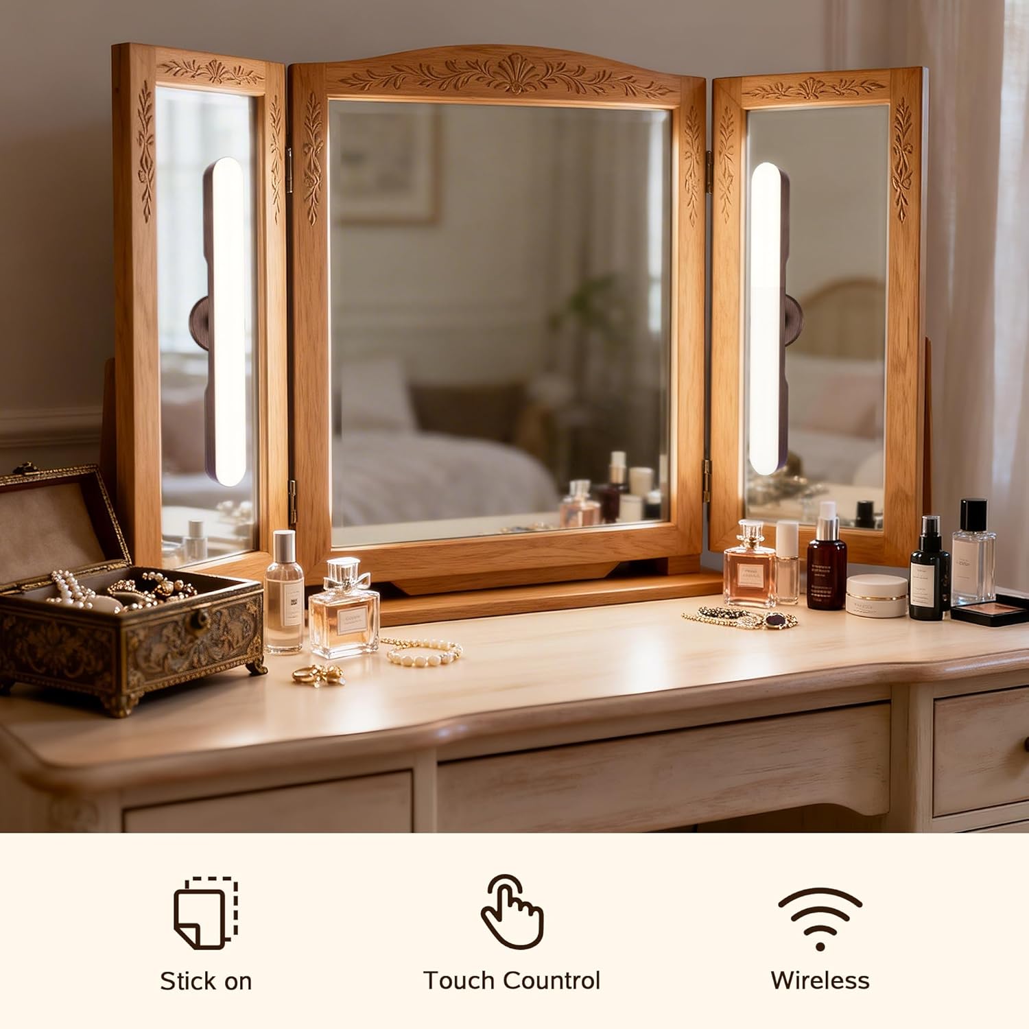2 Pcs Vanity Makeup Lights for Bathroom, Wireless Wood Grain Rechargeable LED Stick on Light Bar for Mirror, Tunable 3 Color Temperature 4000 mAH Battery Life Lighting for Vanity(Deep Brown)