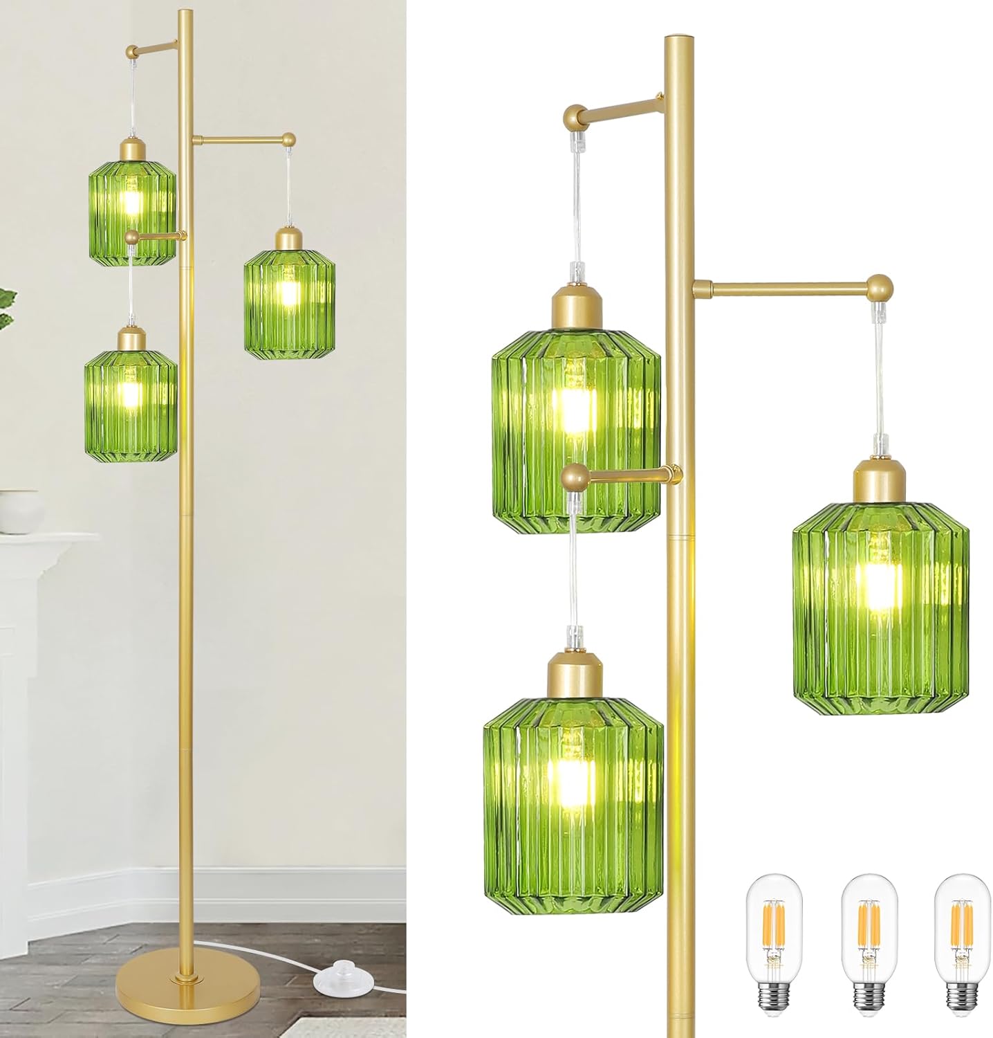 Glass Floor Lamp for Living Room,3-Light Gold Boho Flower Floor Lamp for Bedroom,Farmhouse Standing Lamp Tree Floor Lamps Vintage Retro Brass Tall Lamps for Bedroom,Office,Corner(LED Bulbs Included)