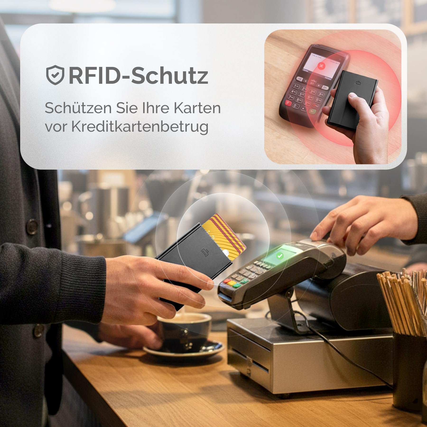 ÖGON -DESIGNS- Automatischer kartenhalter aus Aluminium mit RFID Schutz, originelle, schlanke und minimalistische geldbörse für Herren und Damen, kapazität 1 bis 6 Karten, Modell Slider