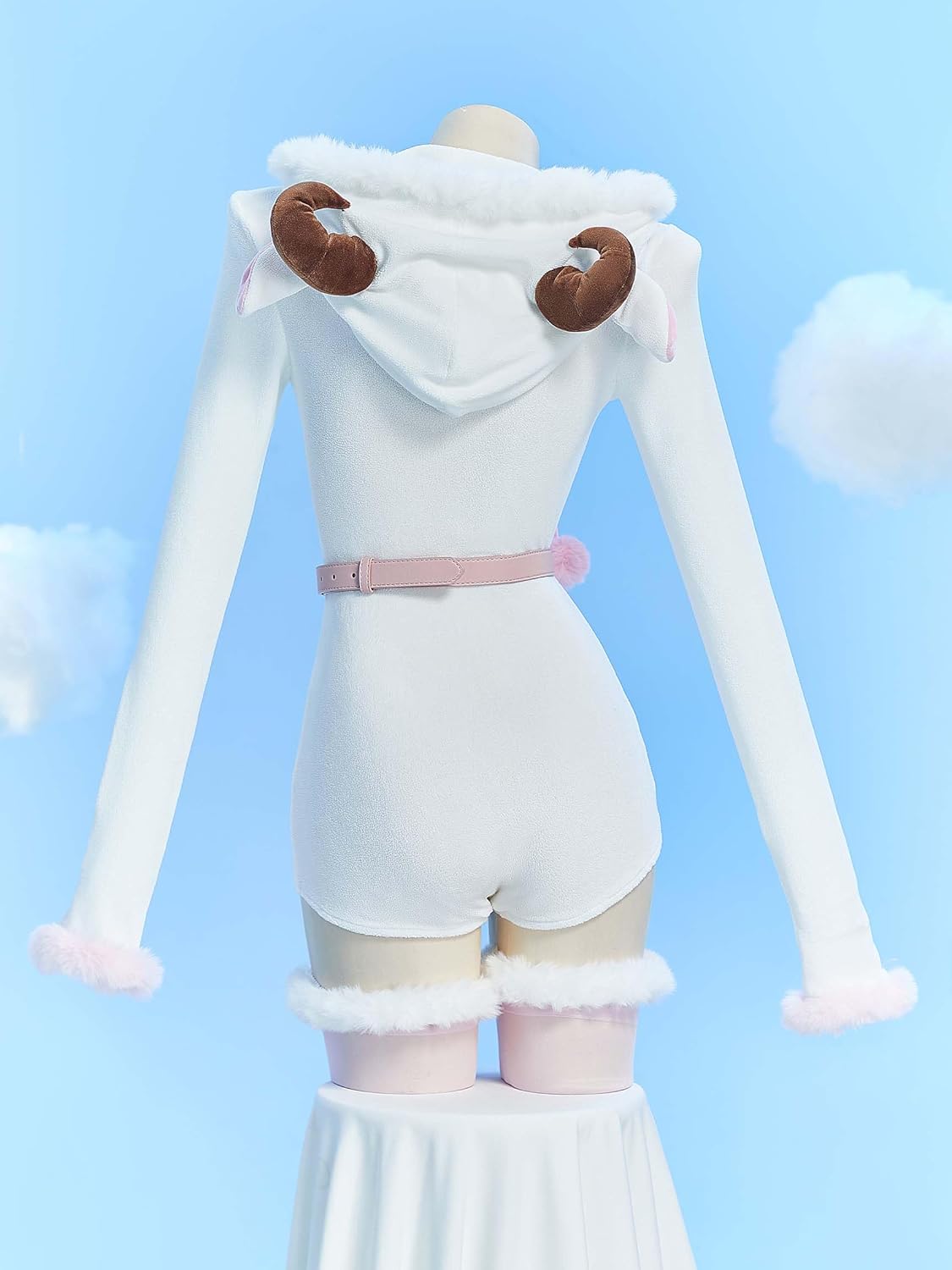 Mobbunny Women Sheep Costume Animal Fluffy Hooded Romper One Piece Pajamas Sleepwear Homewear with Belt and Socks - Image 3