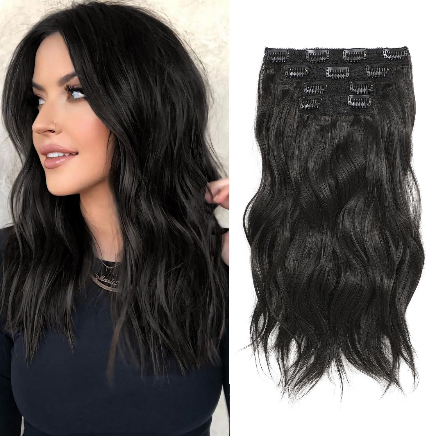14 Inch Clip-in Hair Extensions - Synthetic Wavy Curly Thick Dark Brown Pieces for Women, 14Inch