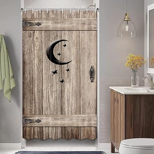 JAWO Country Outhouse - Cortina de ducha para puerta de granero de madera rústica, Islam, luna creciente y estrella para viajes, remolque, camping,