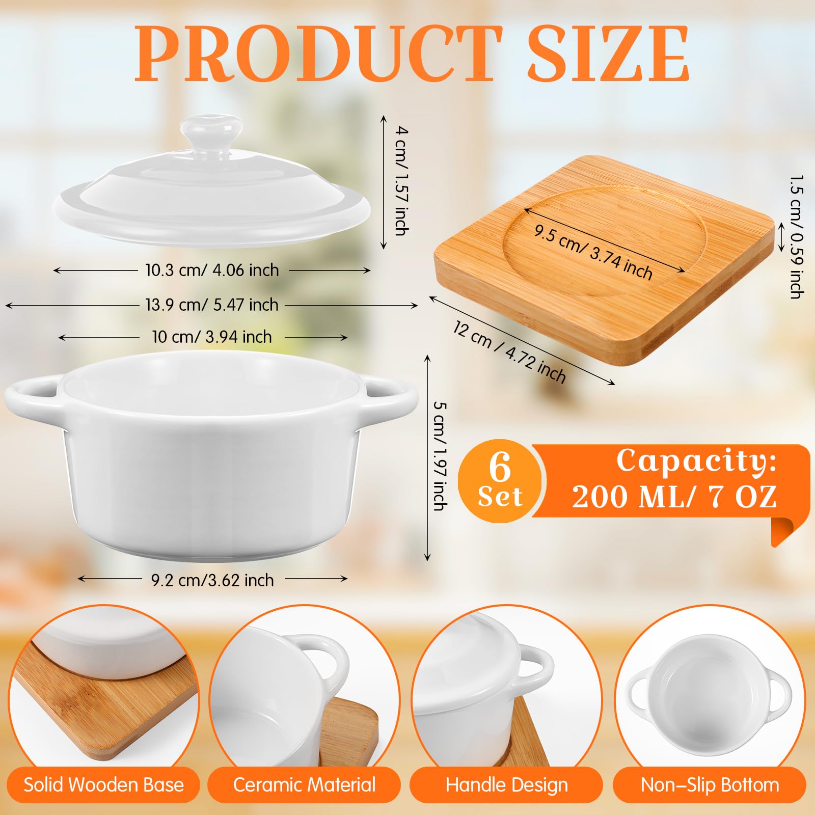 Mimorou Juego de 6 mini cocotte de cerámica de 7 onzas con tapa y base de madera, juego de cuencos de calabaza con asa, cuencos de sopa de cerámica para hornear, cazuela redonda para el hogar, plato