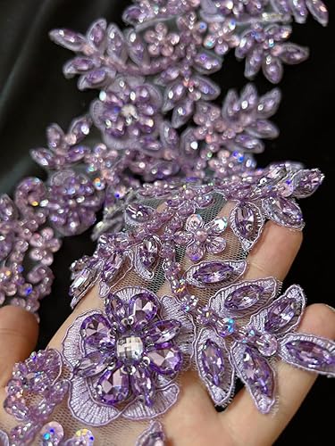 Miniatura 46 de 1 par de accesorios de apliques de encaje con diamantes de imitación, cuentas de vidrio, parches para decoración de vestidos de novia de niña