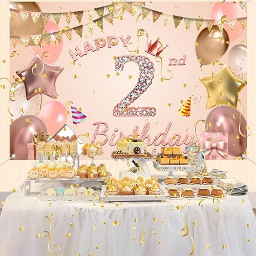 Miniatura 3 de Tecreo Cartel de fondo de decoración de feliz segundo cumpleaños para niñas, rosa (rosa), vinilo, 59 x 35.4 pulgadas