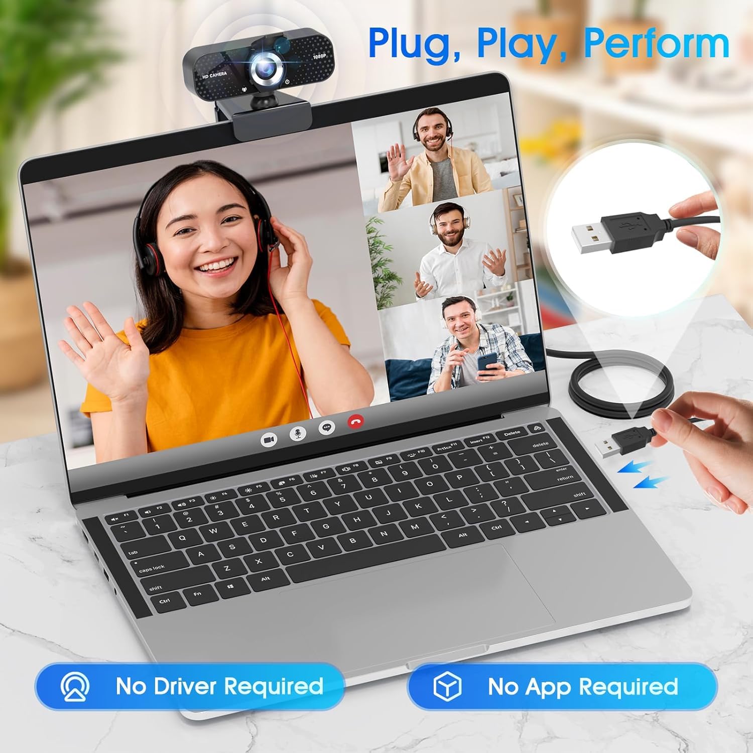 TRAUSI Webcam HD 1080P con microfono, cancellazione del rumore, copertura della privacy, obiettivo grandangolare, correzione automatica della luce, webcam USB Plug & Play per laptop, desktop, PC, Mac
