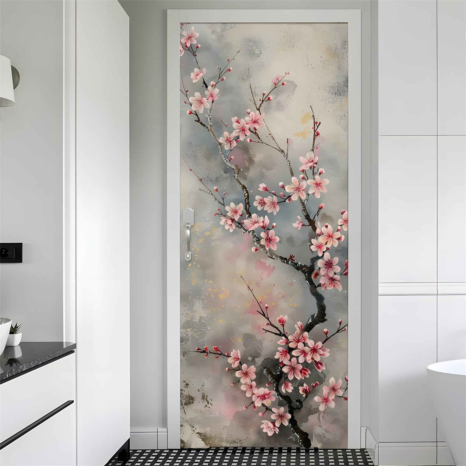 3D Adesivo per Porta 80x210 cm, Elegante Carta da Parati Autoadesiva per Porte Interne, Fiore di Prugno Arte Floreale, Decorazione per Camera da Letto, Soggiorno, Casa