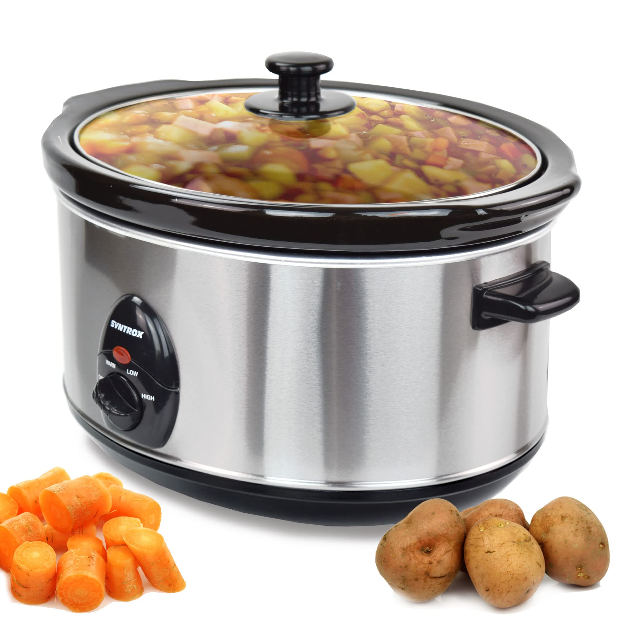 Syntrox Germany Slow Chef SC-450M_Deli Cooker Schongarer 4,5 Liter mit Warmhaltefunktion, Glasdeckel und robuster Keramikschüssel 280 Watt, Edelstahl