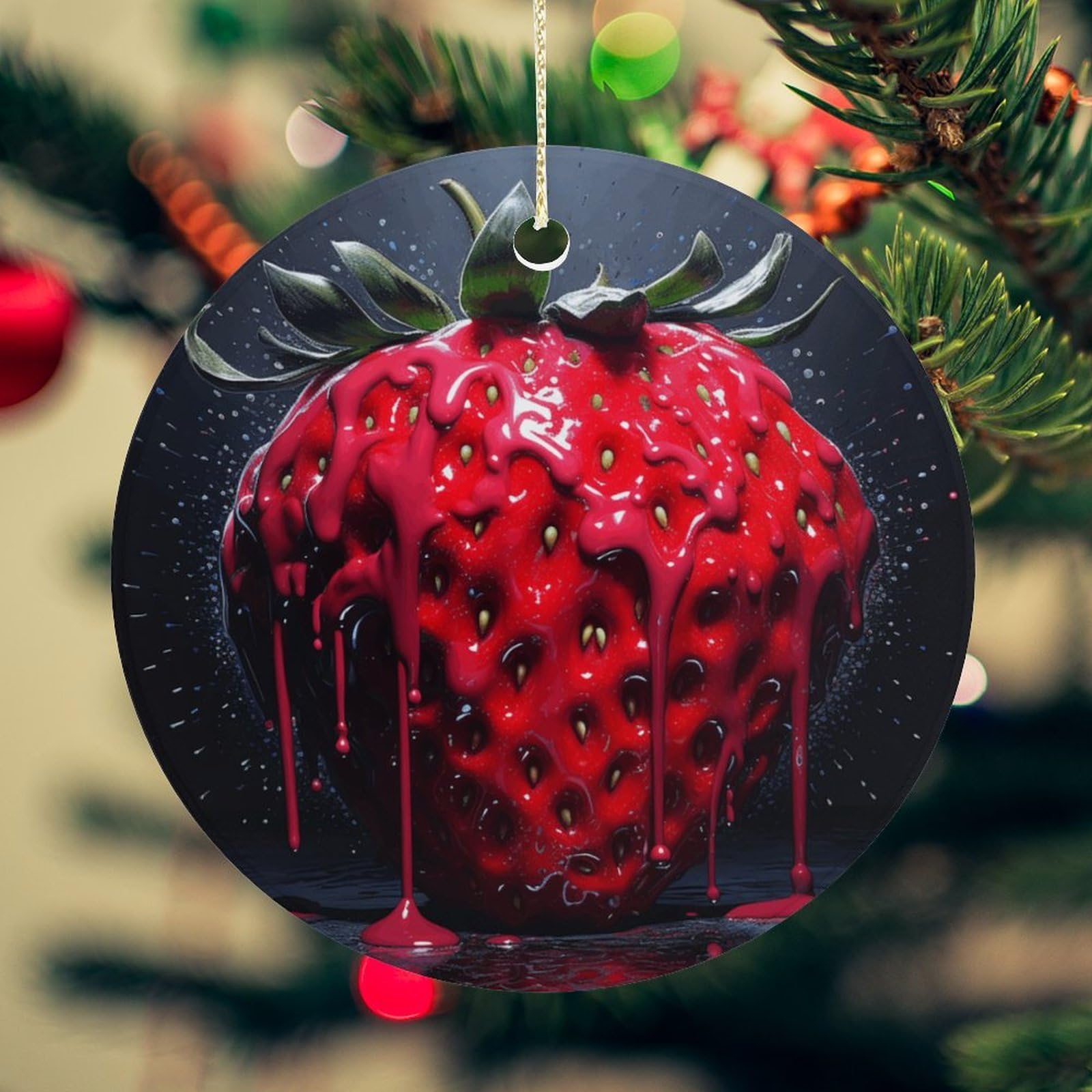 Bright Red Strawberries Christmas Ornament for Christmas Tree Ceramic Round Ornament Winter Holiday Keepsake Gift 2.7" Christmas Tree Hanging Decorations Circle Ceramic Pendant Xmas Gift