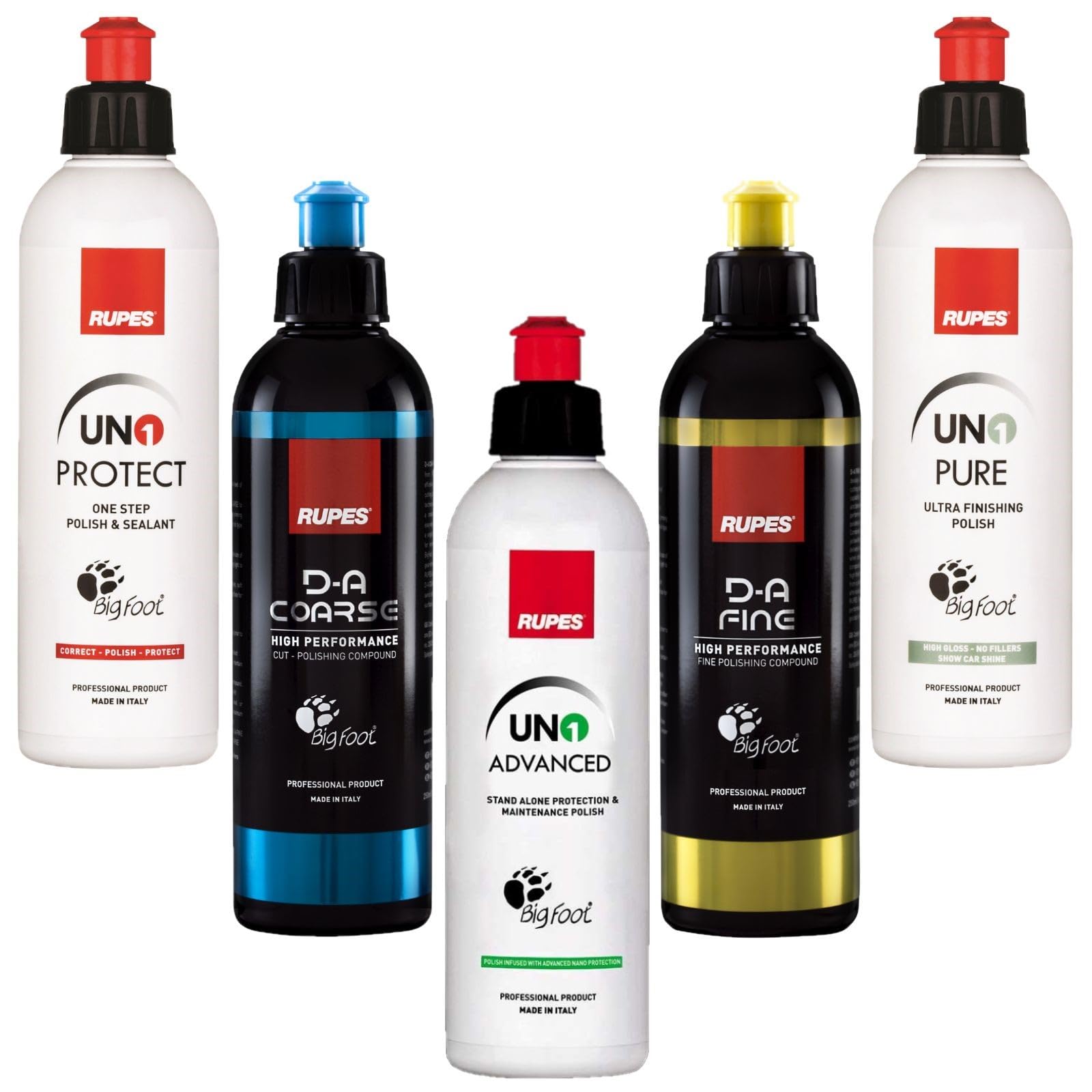 RUPES 5 Pack of High Performance Orbital Polishing Compounds - Includes 250 Milliliter Bottles of D-A Coarse, D-A Fine, UNO Protect, UNO Pure and Uno Advanced