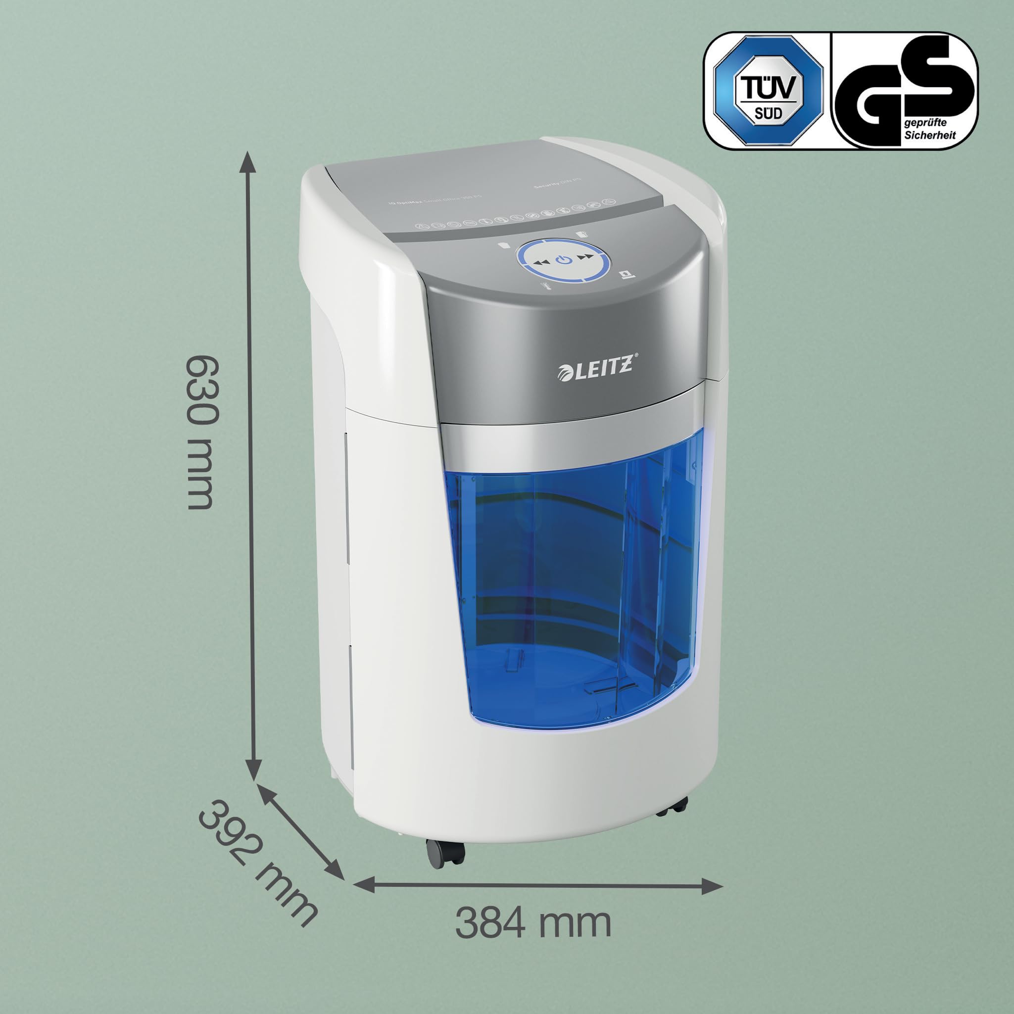 Leitz IQ OptiMax Small Office 350 Niszczarka P5 Mikrocięcie, Pojemnik Rotacyjny zwiększający pojemność o 33% (22L), mieści do 350 kartek A4, Niszczy 8–10 kartek 70–80 gsm, Czas pracy do 20 min