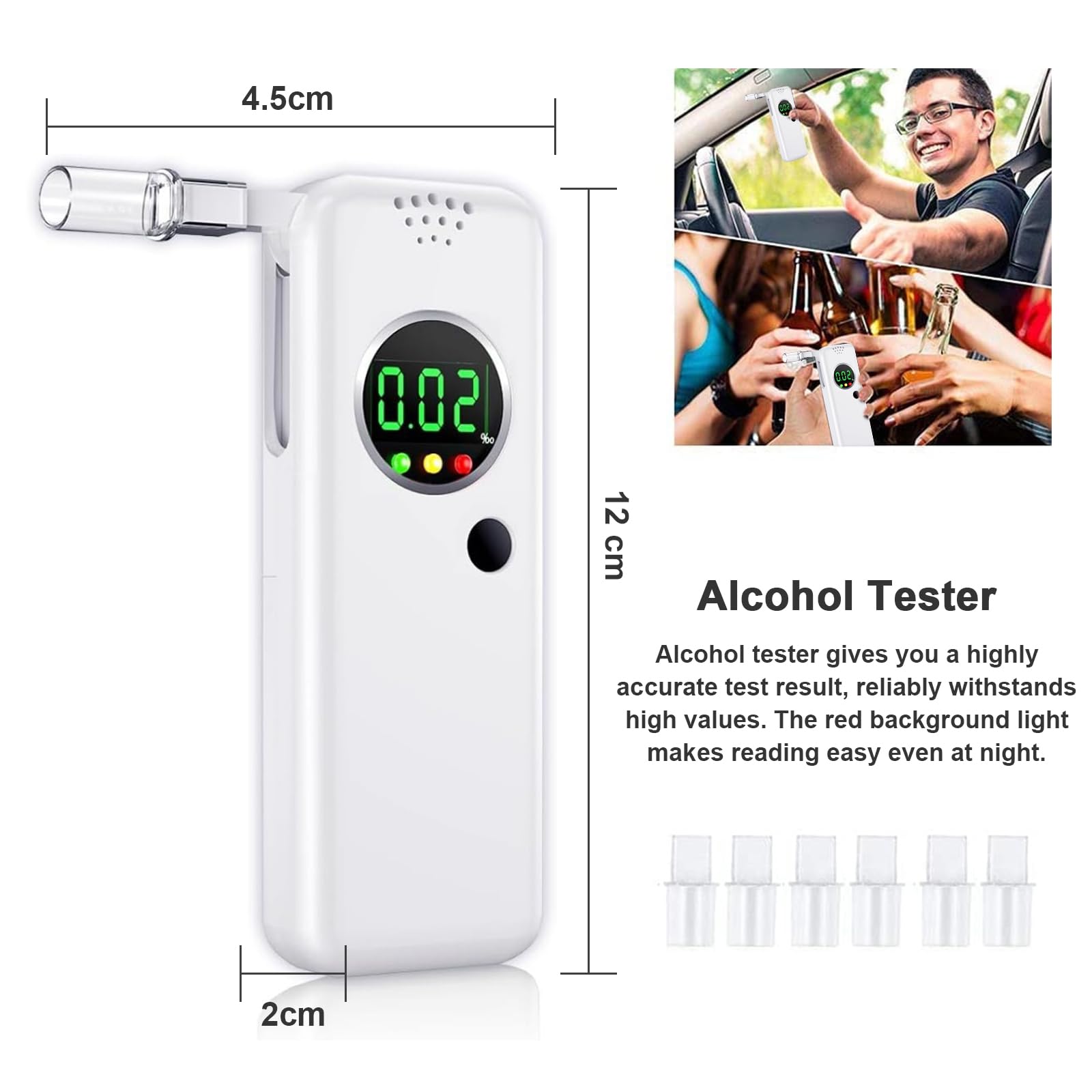 Etilometro Portatile Professionale, Certificato e di Precisione con Display LCD - Tester Alcolico per Casa e Feste, Include 5 Bocchini