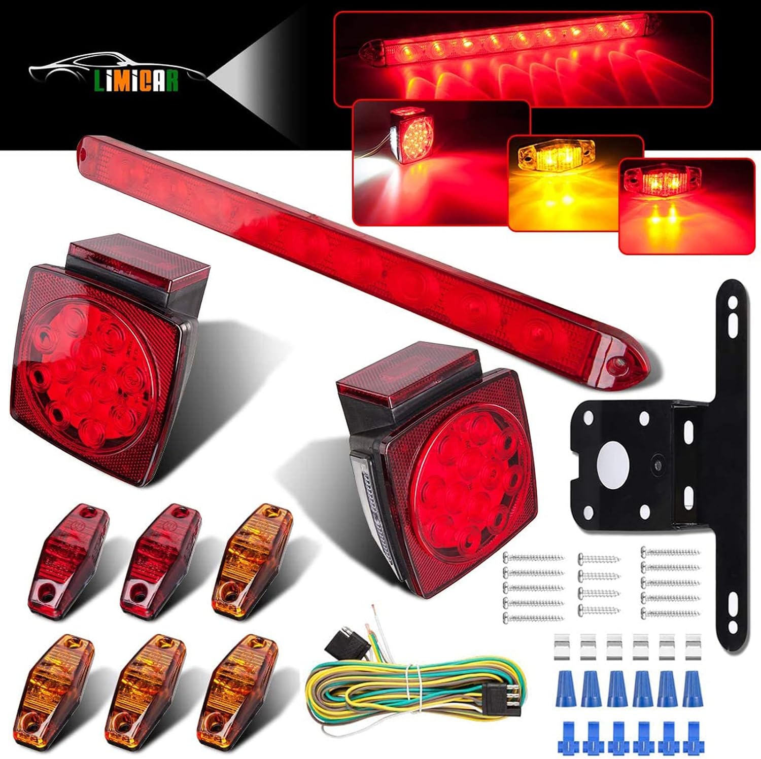 LIMICAR Trailer Lights, Stop Turn Tail Truck Trailer Light Kit & Trailer Wiring Harness Kit, Red Amber Trailer Marker Lights, 3rd Brake ID Light Bar, Taillights for Vehicles Camper Snowmobile RV