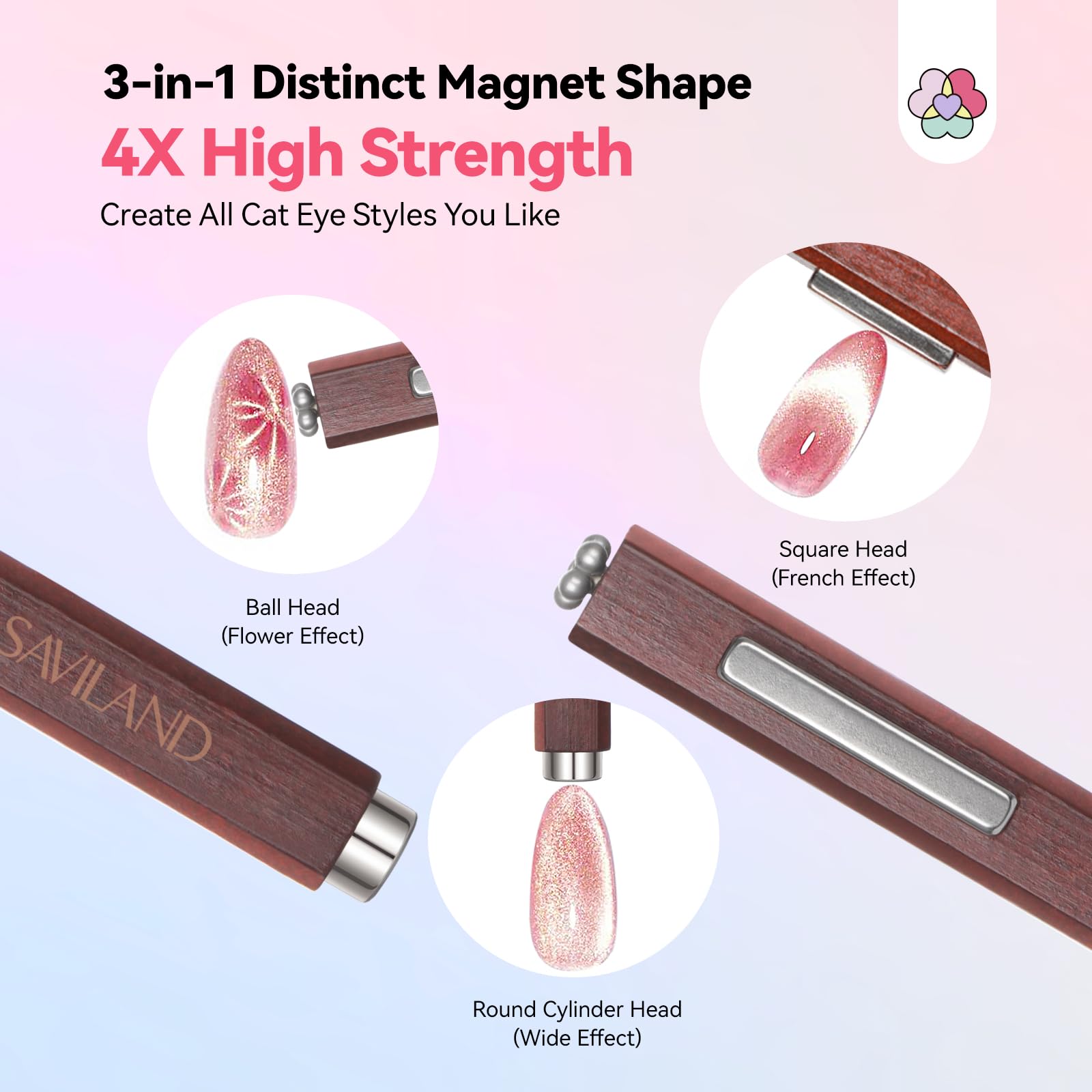 SAVILAND 3-in-1 Cat Eye Magnet for Nails: 4X High Strength Nail Magnet Round Long Strip Bead Versatile Effects Precise 3S Shaping N35 Neodymium Wood Handle Magnet Wand Stick for Nail Art Home DIY - Image 4
