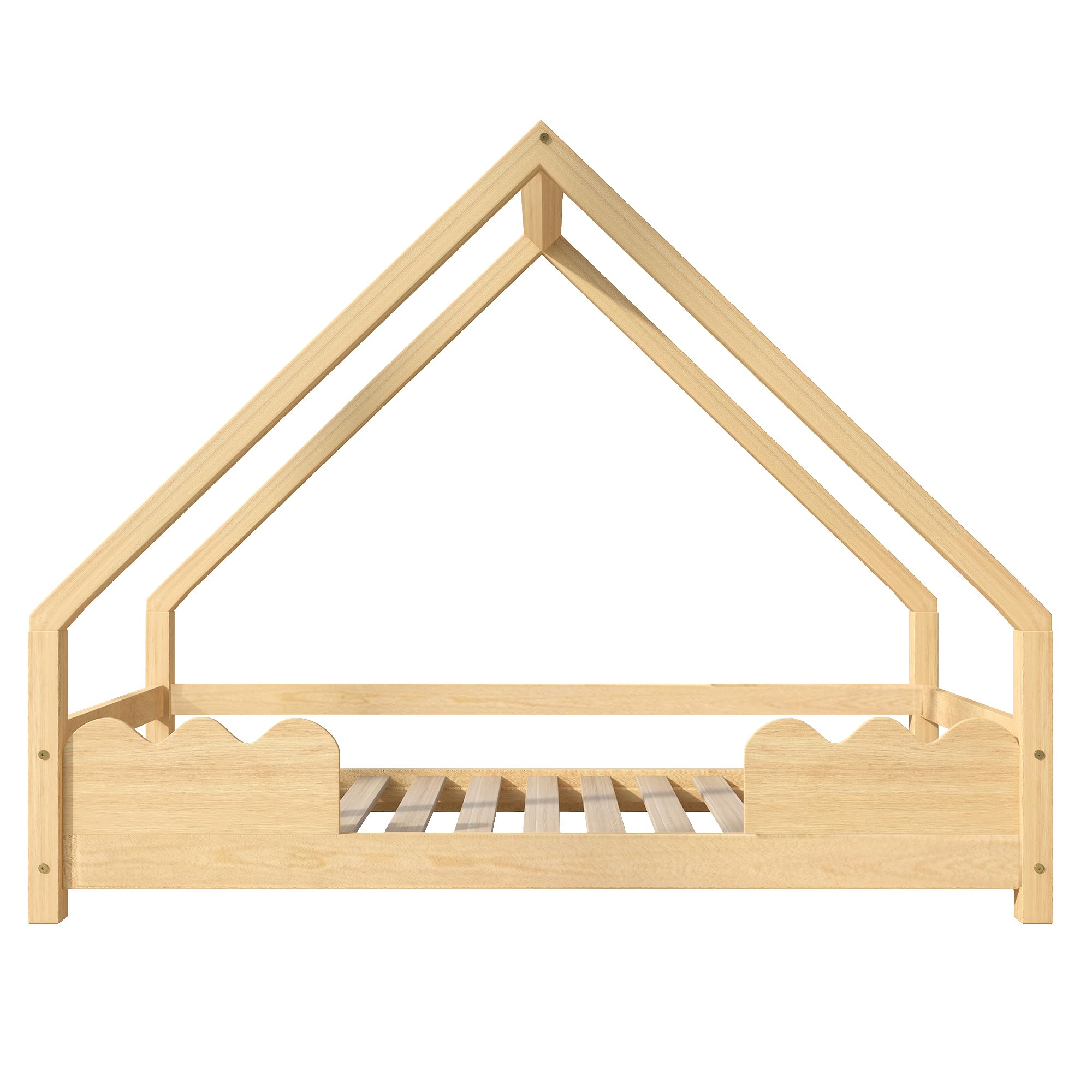 Merax Kinderbett 90x200cm, Hausbett Mit Lattenrost, Holzhaus Bett mit Rausfallschutz für Jungen & Mädchen, Kinder Bett Baumhausbett, Stabiles Bodenbett, Niedlicher Spielplatz, Natur