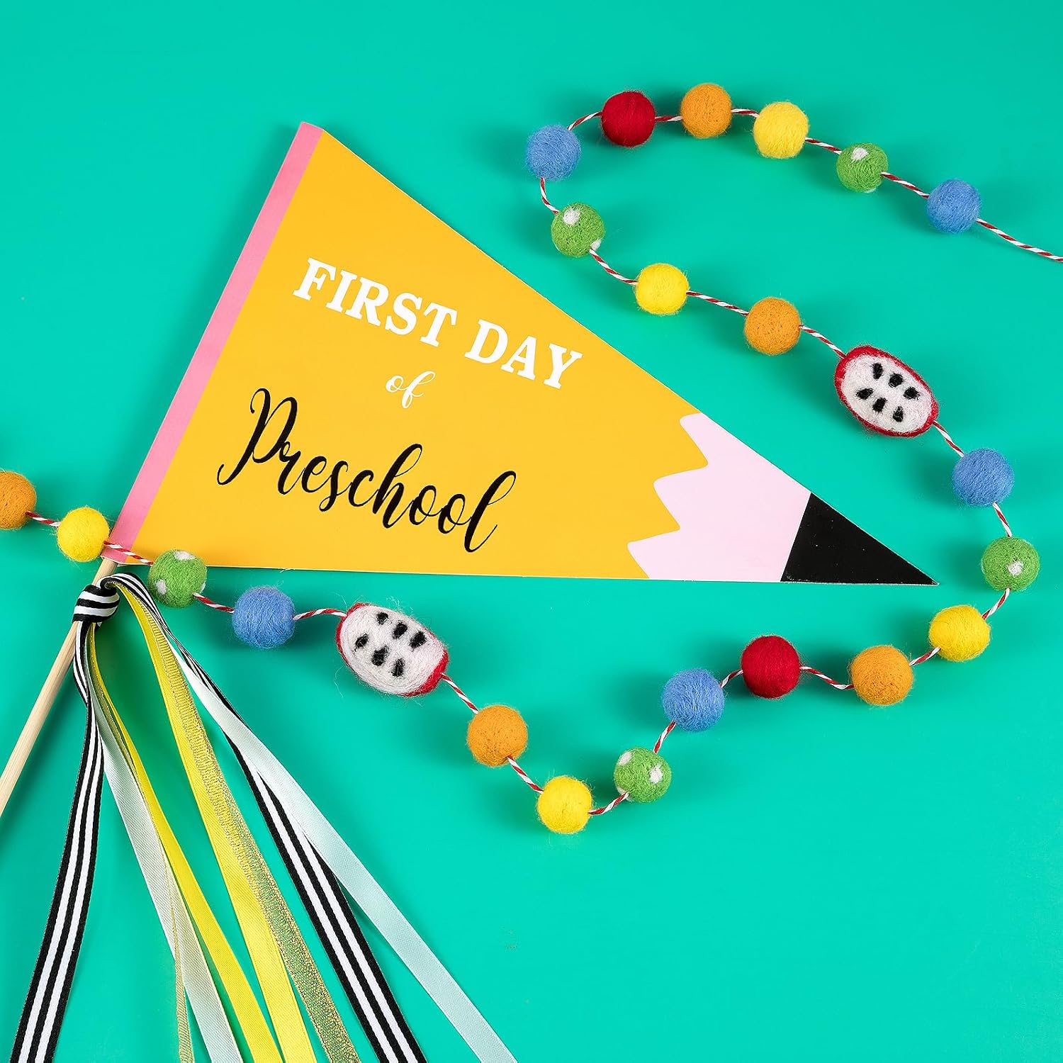 First Day of School Flag DIY 2026 Back to School Pennants, First Day of Preschool Flag with Ribbons Make Your Own School Photo Prop, Yellow