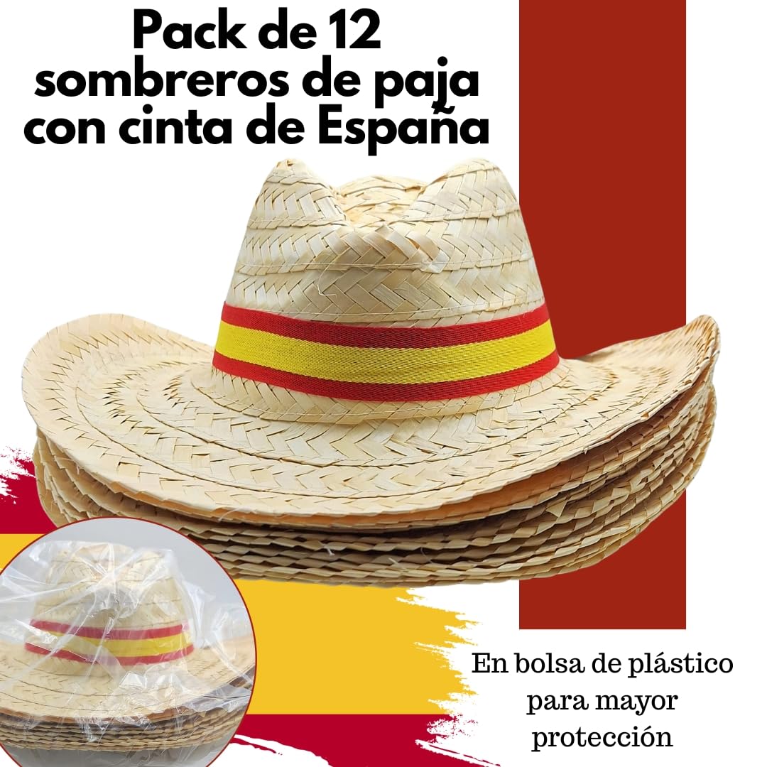 Pack Sombreros de Paja con Cinta Bandera España Para Grupos: Despedidas, Peñas, Ferias, Eventos Patrios, Capeas o Viajes de Verano | Accesorio Ideal para Grupos y Fiestas