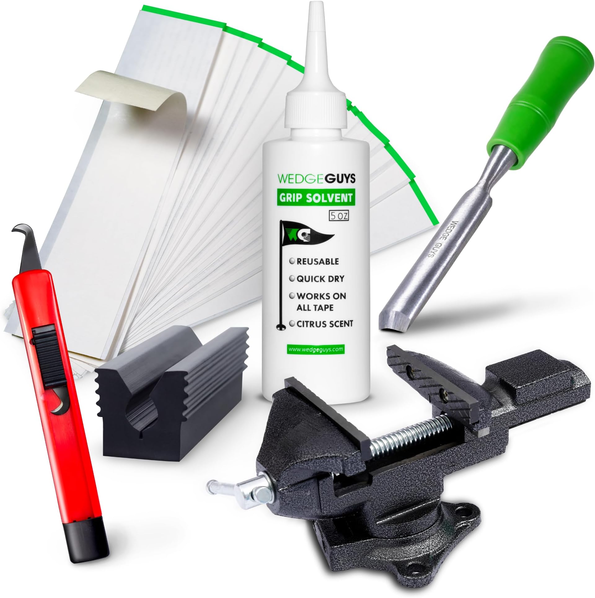 Wedge Guys Golf Grip Kits for Regripping Golf Clubs - Professional Quality - Options Include Hook Blade, 15 or 30 Grip Tape Strips, 5 or 8 oz Grip Solvent, Grip Tape Remover, Bench Vise & Rubber Clamp