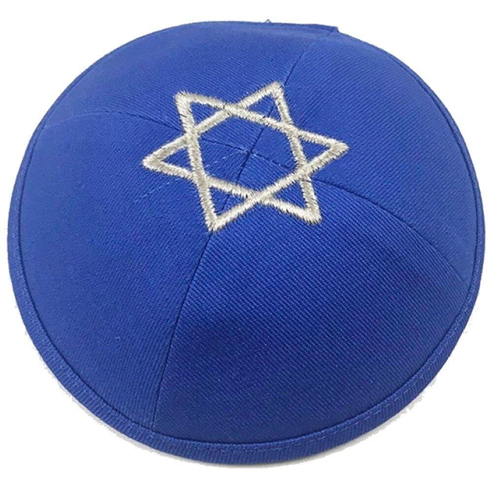 Danlai Men's Royal Blue Jewish Cap 16Cm Magen David Star Embroidered Kippah Cotton Yarmulke Beanies Hat Round Skull Cap Classic Israel Hat