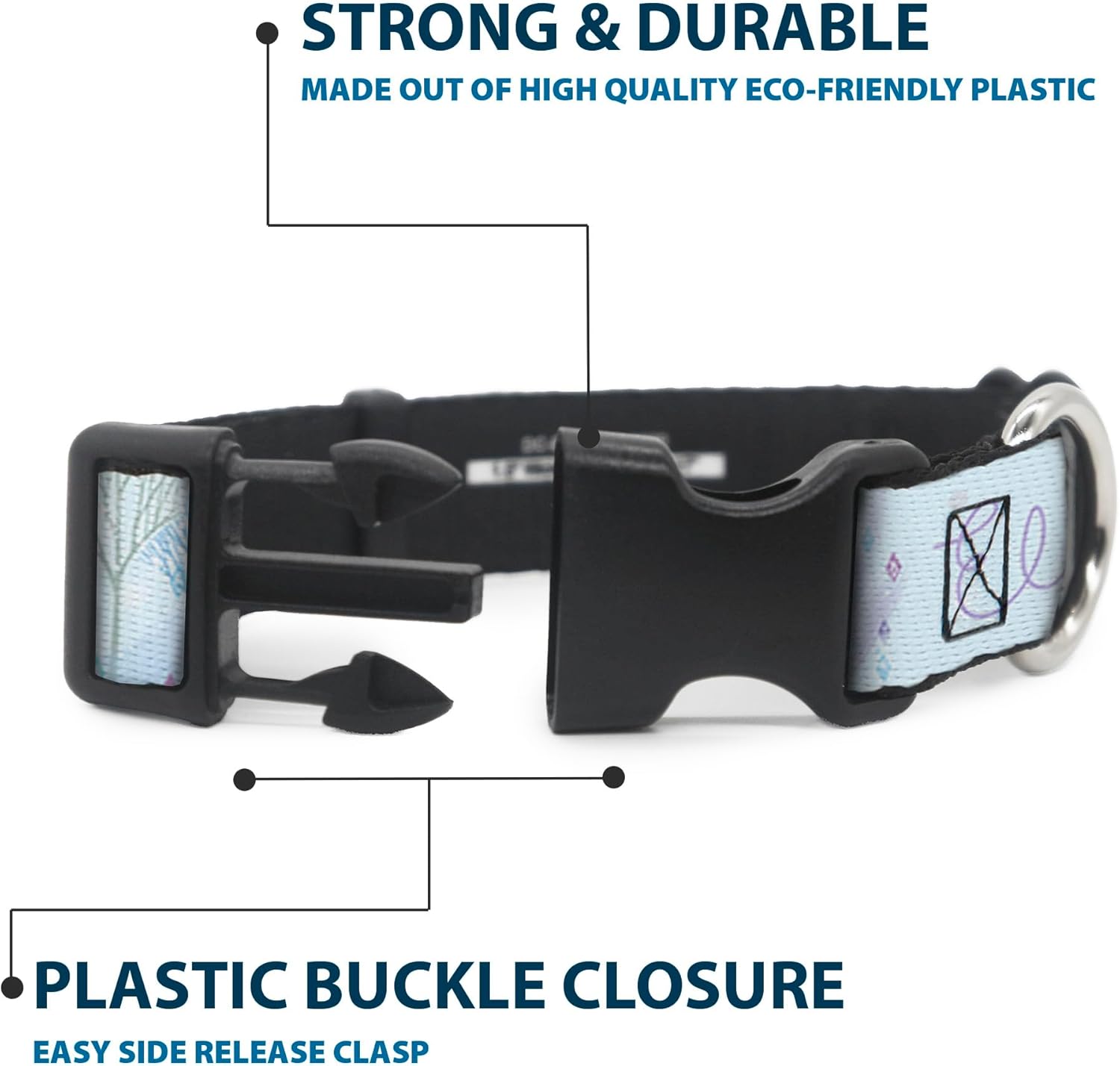 Disney Pet Collar, Dog Collar Plastic Buckle, Frozen Elsa Snowflake Pose with Trees and Script Blues, 16 to 23 Inches 1.5 Inch Wide