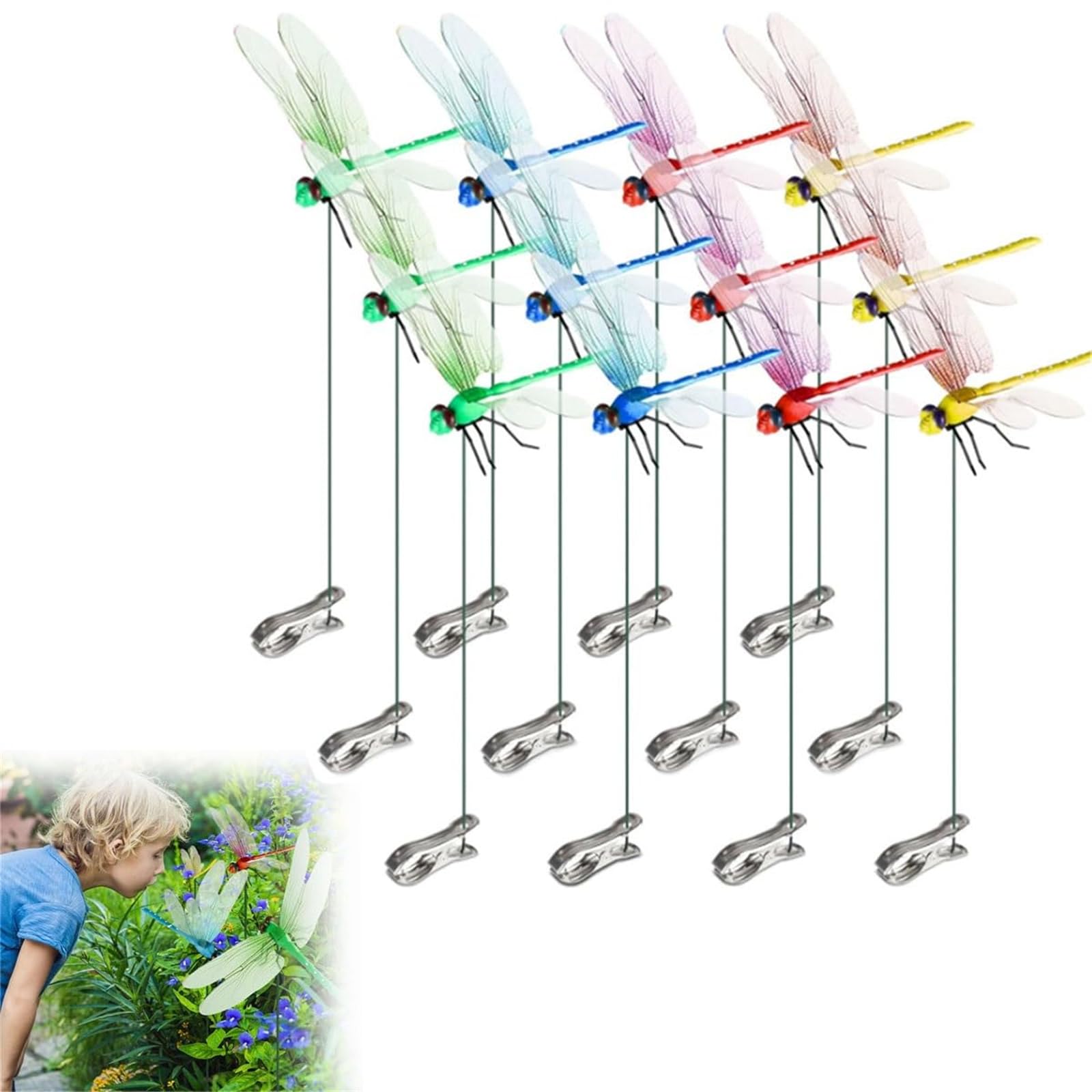 Outdoor Fake Dragonfly Clip, Dragon Fly Clips for Bugs Repellent, 3D Dragonfly Garden Stakes Decor, Insert Pole Clip, Removable Natural Waterproof Decoration for Garden, Patio, Balcony (12pcs)
