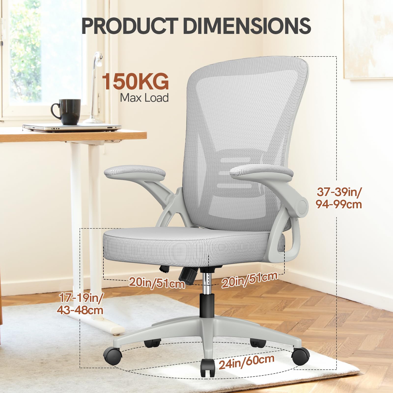 Silla de oficina ergonómica con reposabrazos abatibles de 90° y soporte lumbar, cojín de asiento de esponja de alta densidad, con elevación de gas (capacidad de 150 kg) y respaldo de malla