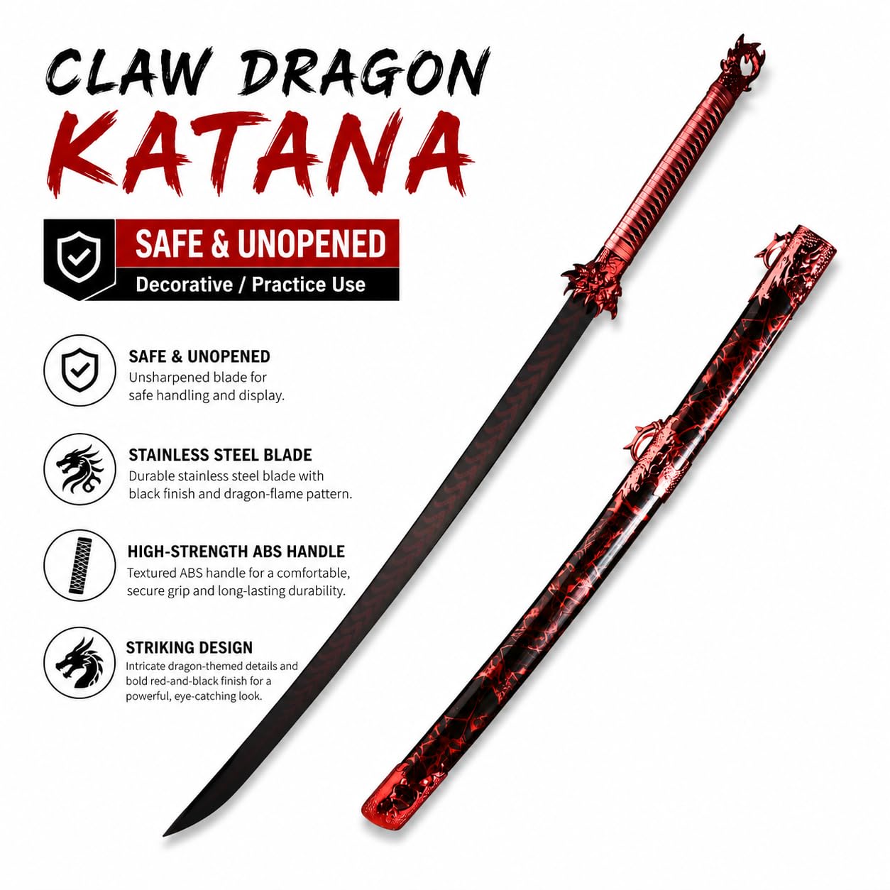 Claw Dragon Katana Schwert 103,5cm – Dekoratives Samuraischwert mit Drachen-Design, Edelstahl Klinge Nicht geschärft, schwarz-rot Fantasy Deko Schwert für Sammlung, Cosplay & Wanddekoration