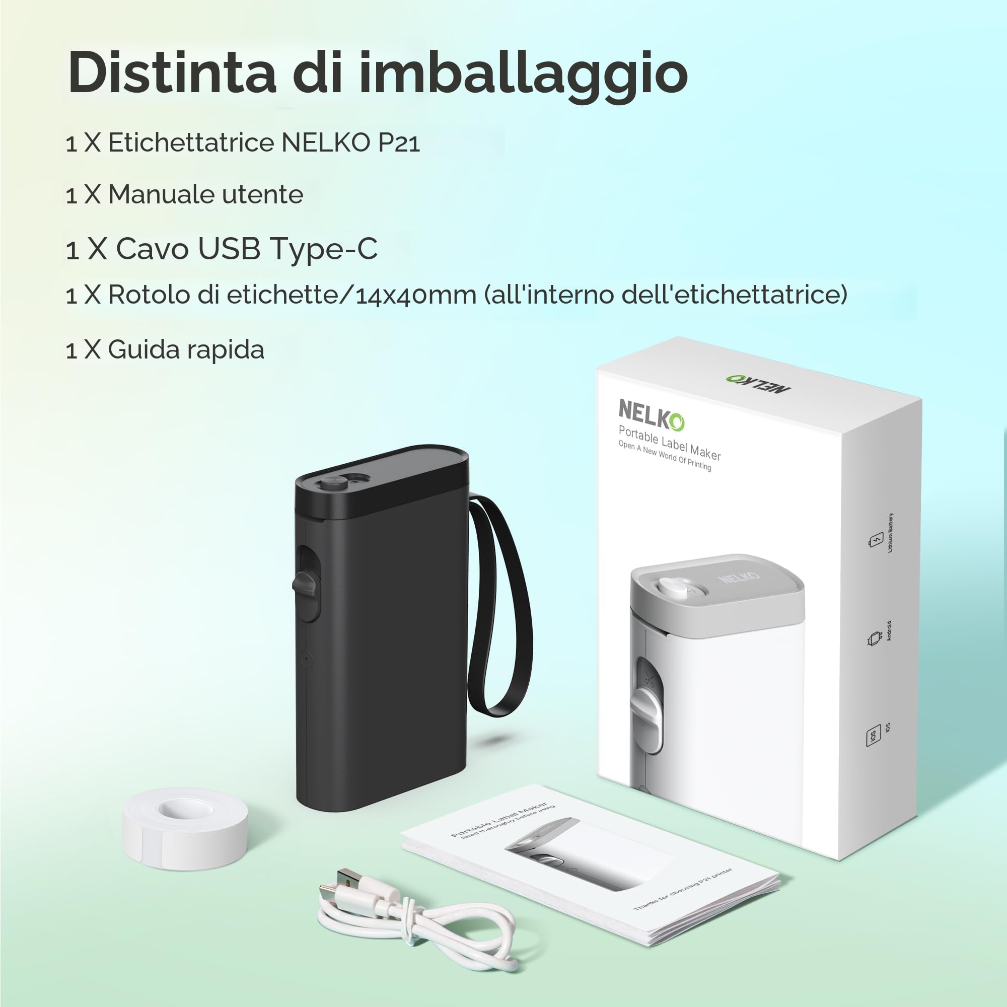 Nelko P21 Etichettatrice Bluetooth Mini Stampante Portatile Nero