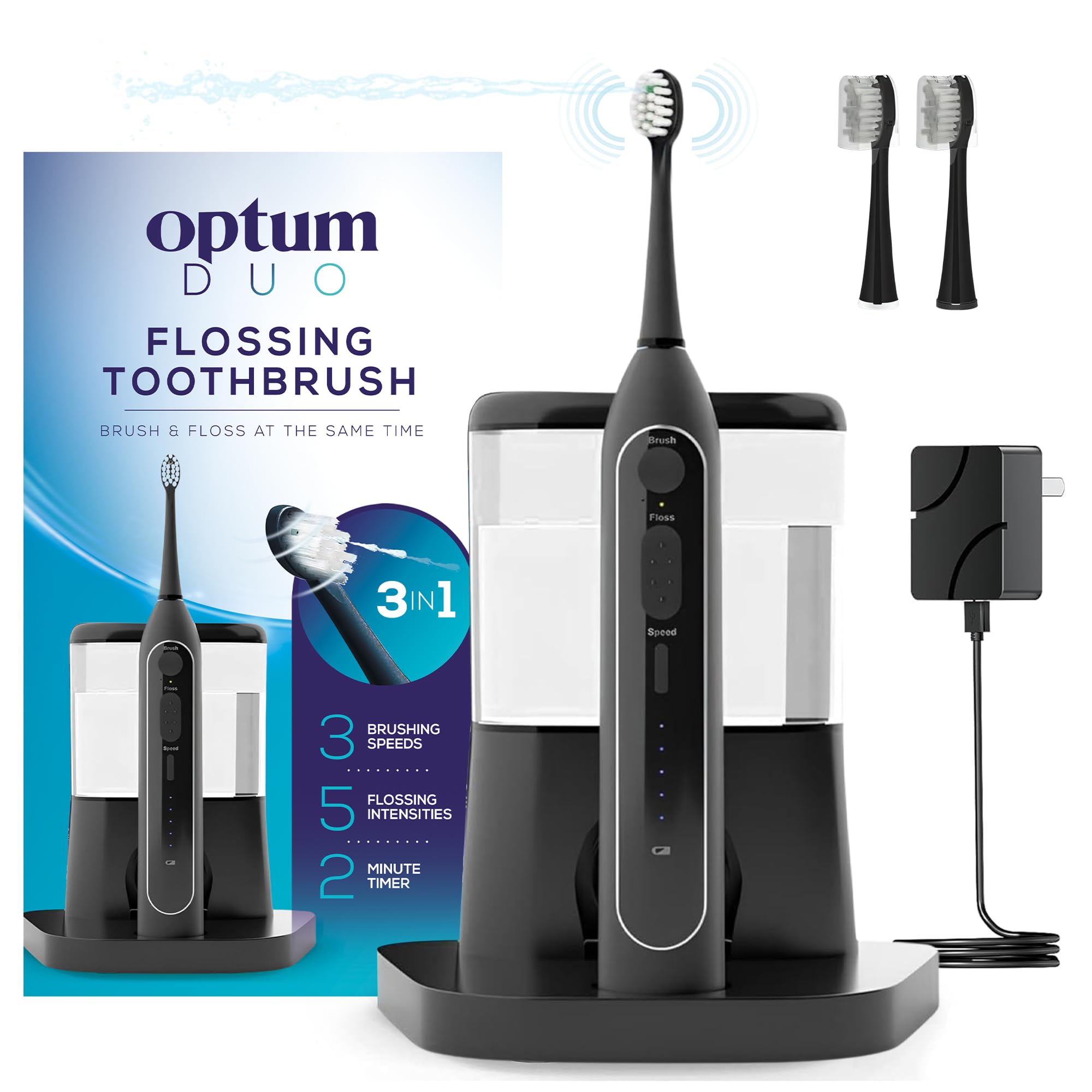 Spazzolino da denti elettrico 2 in 1 con filo interdentale combinato – Spazzolino sonico con vibrazioni 40k e filo interdentale ad alta pressione, 5 modalità di spazzolatura, ideale per