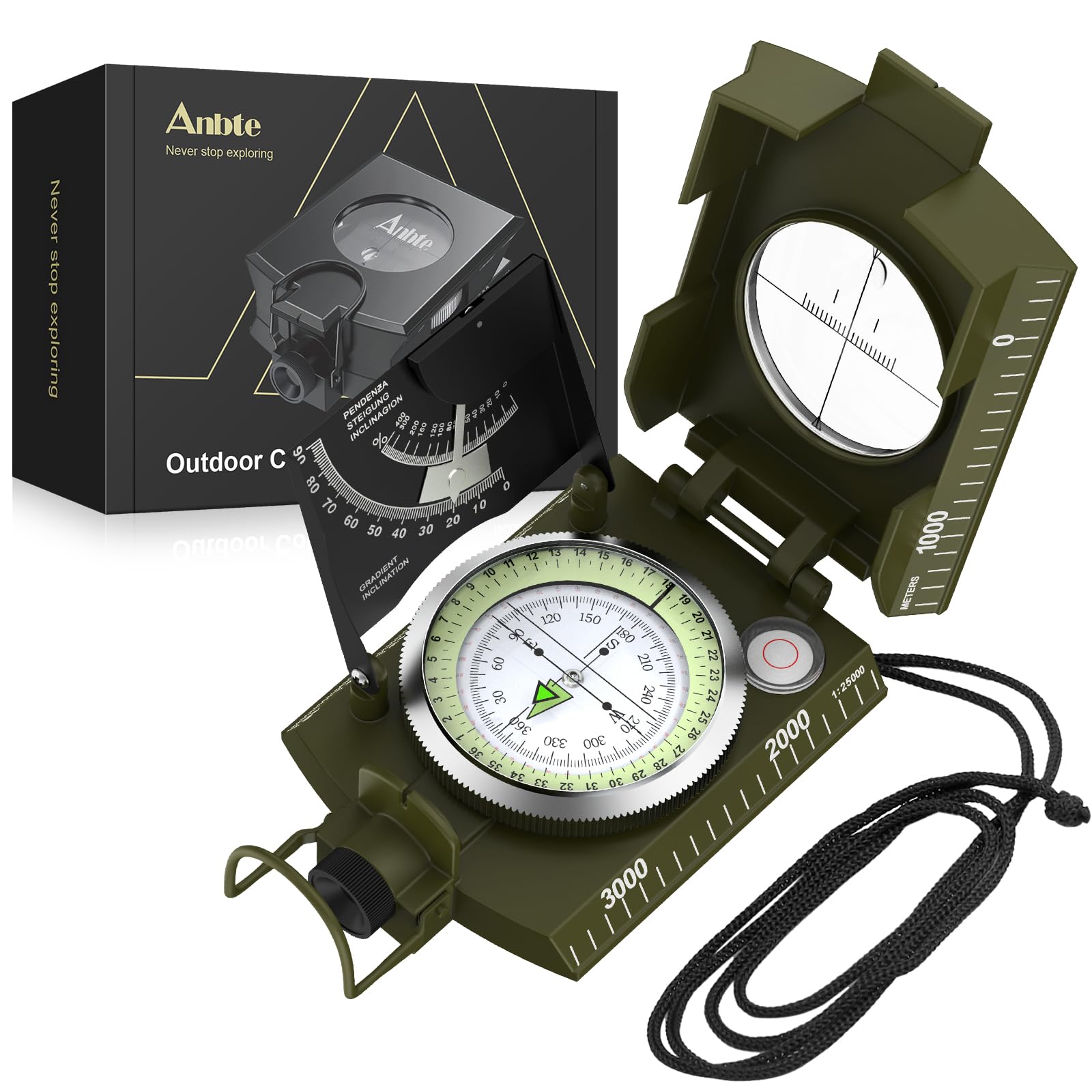 Anbte Compass Hiking, IP65 Waterproof Metal Compass with Sighting Clinometer and Carry Bag, Multifunctional, Lightweight, for Camping Hunting Hiking Navigation, Army Green