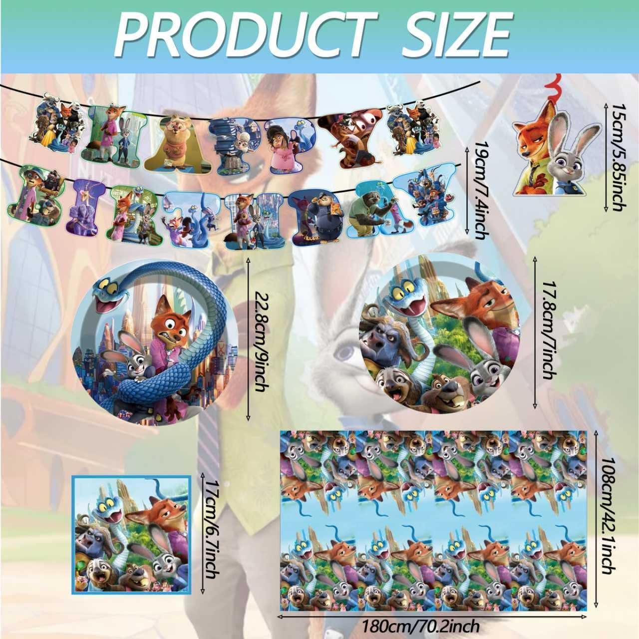 68PCS Zootopia2 Party Tableware Set, Including 6 Hanging Swirls, 1 Tablecloth (71''x42''), 20 7-inch Plates, 20 9-inch Plates, 20 Napkins, 1 Banner Zootopia Themed Birthday Party Decoration Supplies