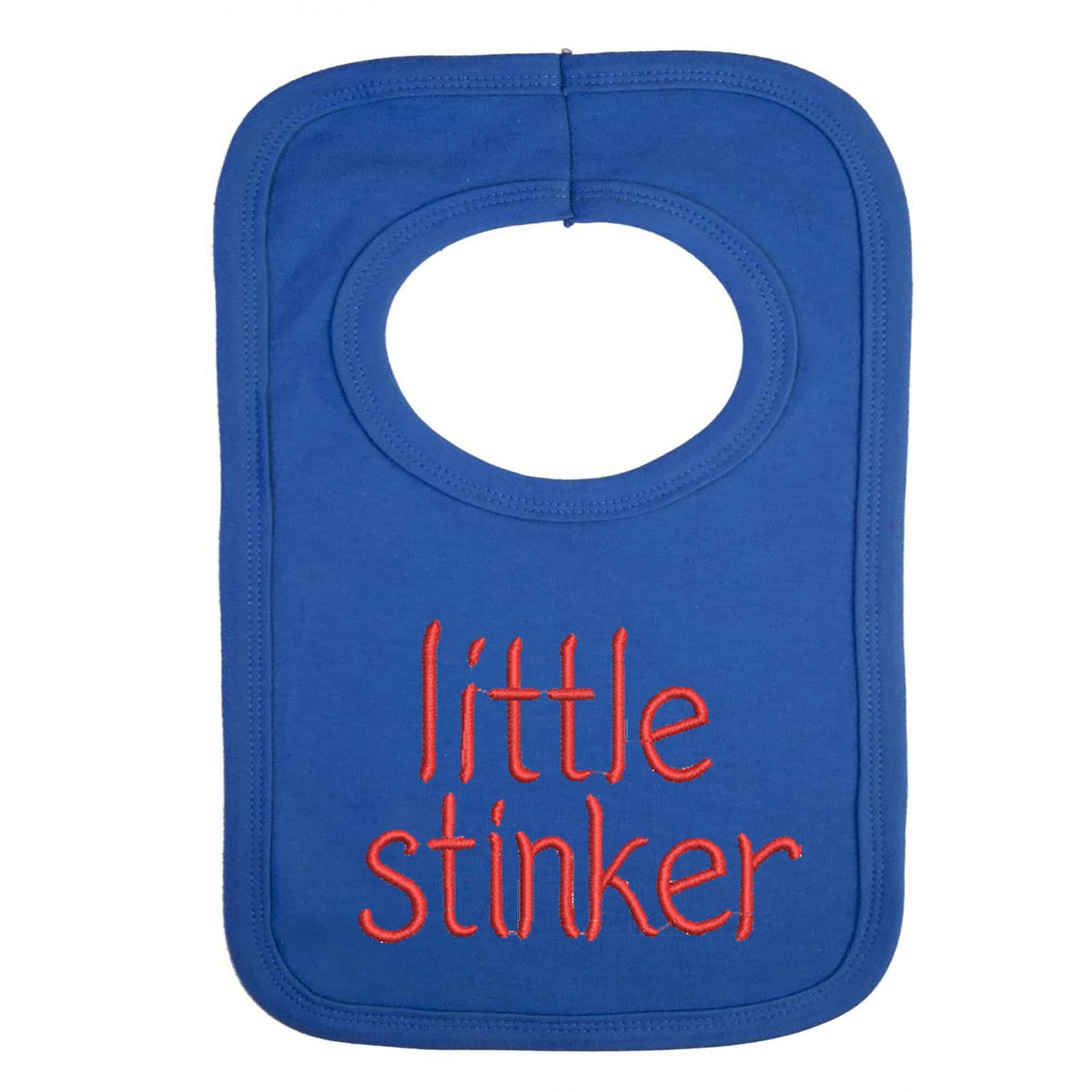 Personalised Baby BIB - Little Stinker - (NO Stickers)- Beautifully Embroided (Navy Blue)