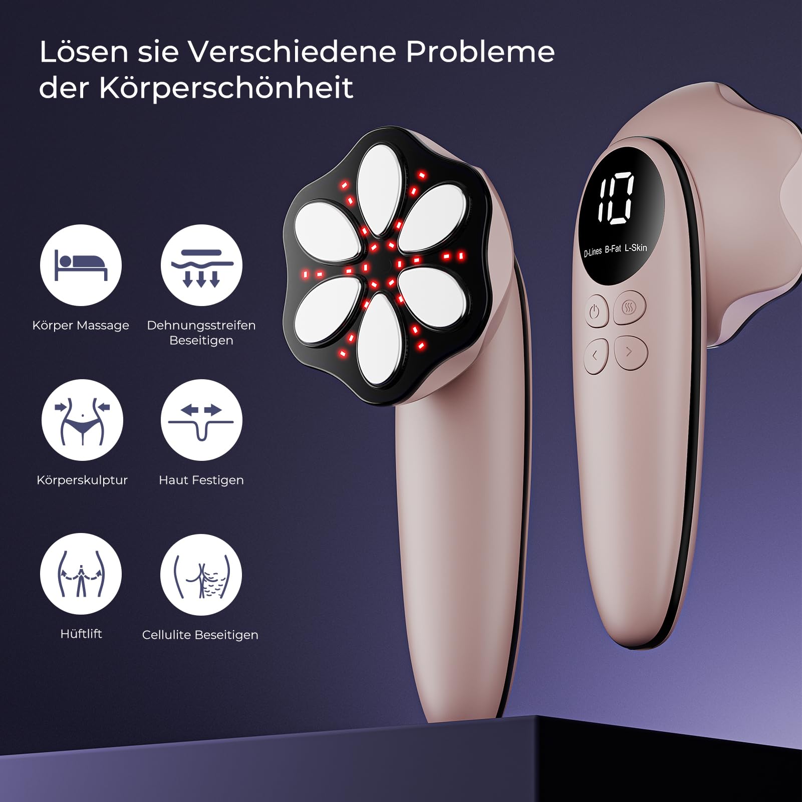 Cellulite Massagegerät Anti Lipödem Handmassagegerät, Nachgewiesene Wirksamkeit, mit 6 MassageköPfen, Geeignet für Bauch, Taille, Arme, Beine, Gesäß (Roségold)