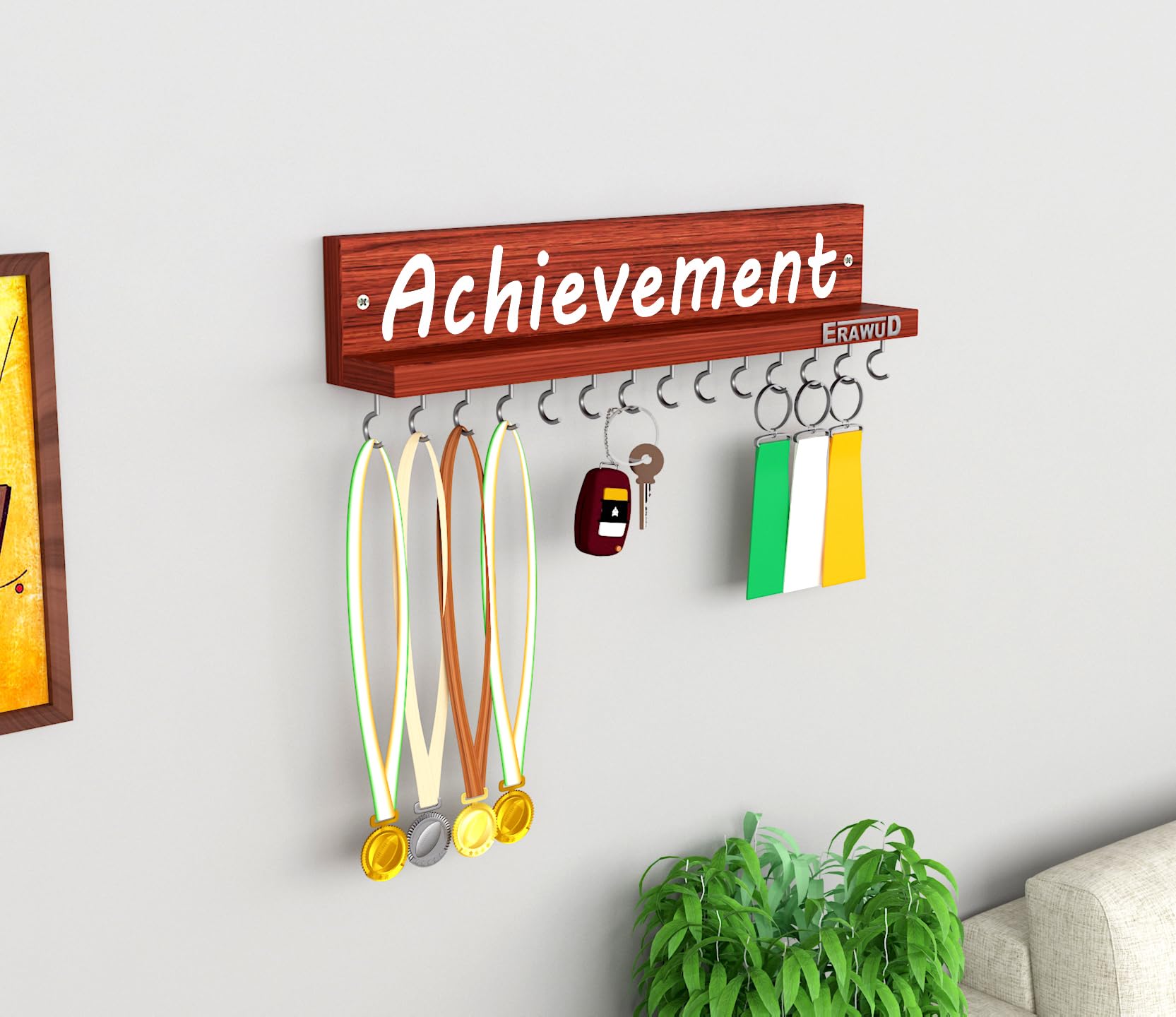 ERAWUD Wooden Medal Holder & Trophy Shelf – Wall Mounted Display Rack with 14 Hooks – Engineered Wood – Classic Walnut Finish – Award and Achievement Organizer 3