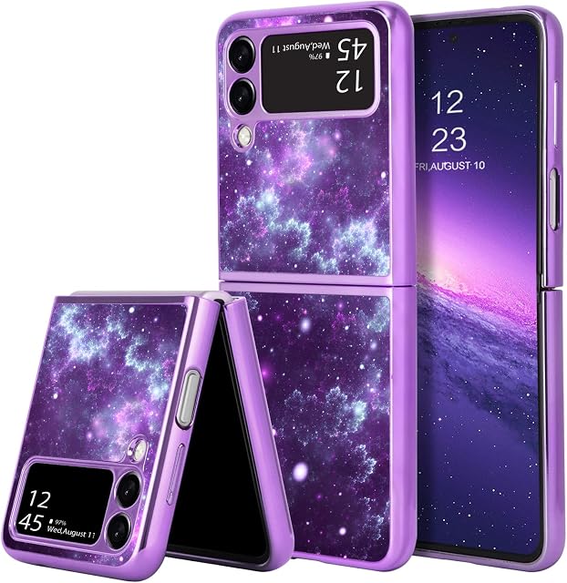 YINLAI Samsung Galaxy Z Flip 3 Case Glow in The Dark Slim Fit Shockproof Protective Hybrid Hard PC Soft TPU Bumper Phone Cover for Samsung Galaxy Z Flip 3 5G, Purple Nebula