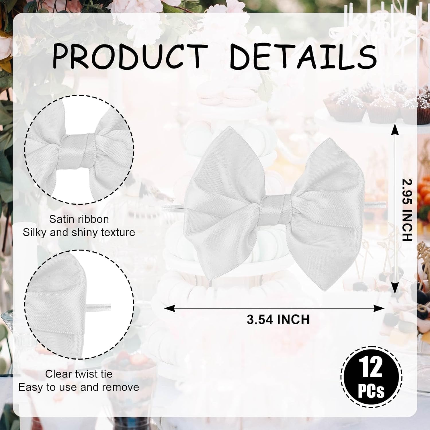 12 Pcs White Satin Ribbon Bows for Gift Wrapping Treat Bags Cupcake Decorating Premade Twist Tie Bow Wedding Party Favors Bridal Shower Decor image 2