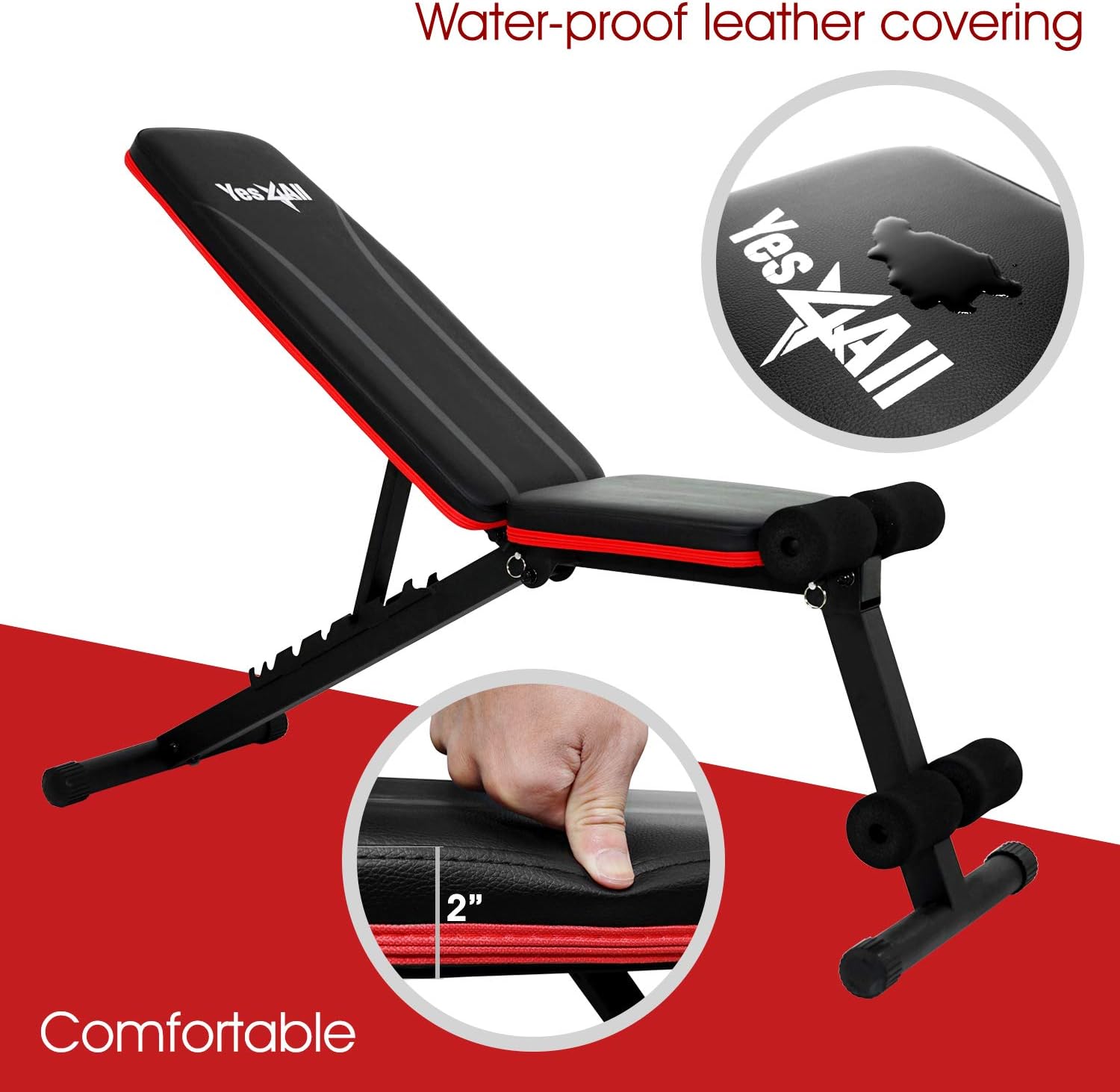 Image showing the waterproof leather covering and thick, comfortable padding of the Yes4All Adjustable Weight Bench