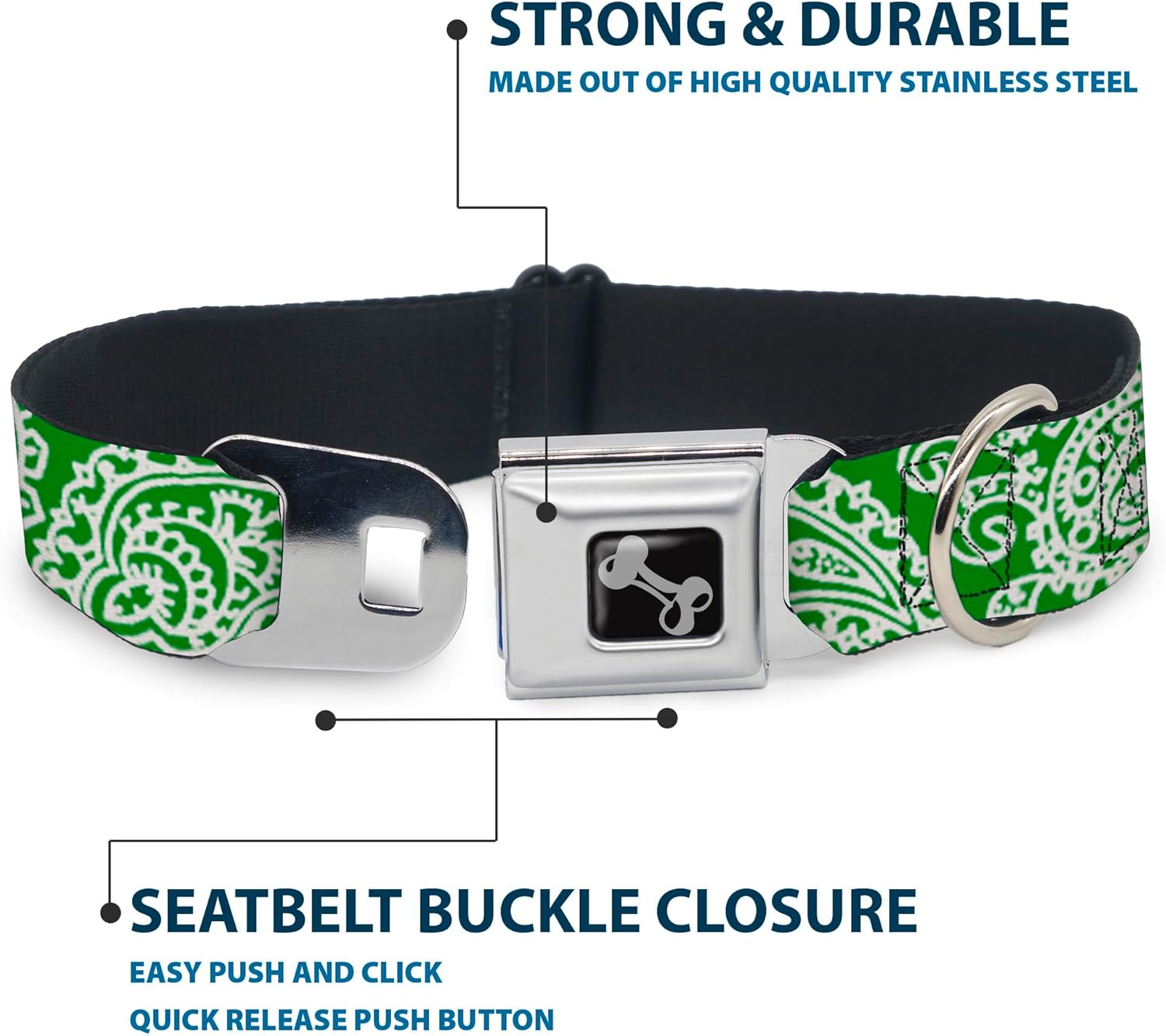 Dog Collar Seatbelt Buckle Bandana Skulls Irish Green White 16 to 23 Inches 1.5 Inch Wide