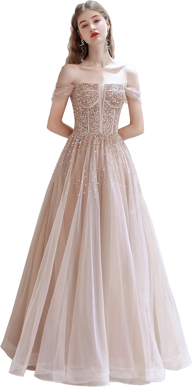Women's Off-Shoulder Beaded Sequins Lace-up Tulle Evening Dress