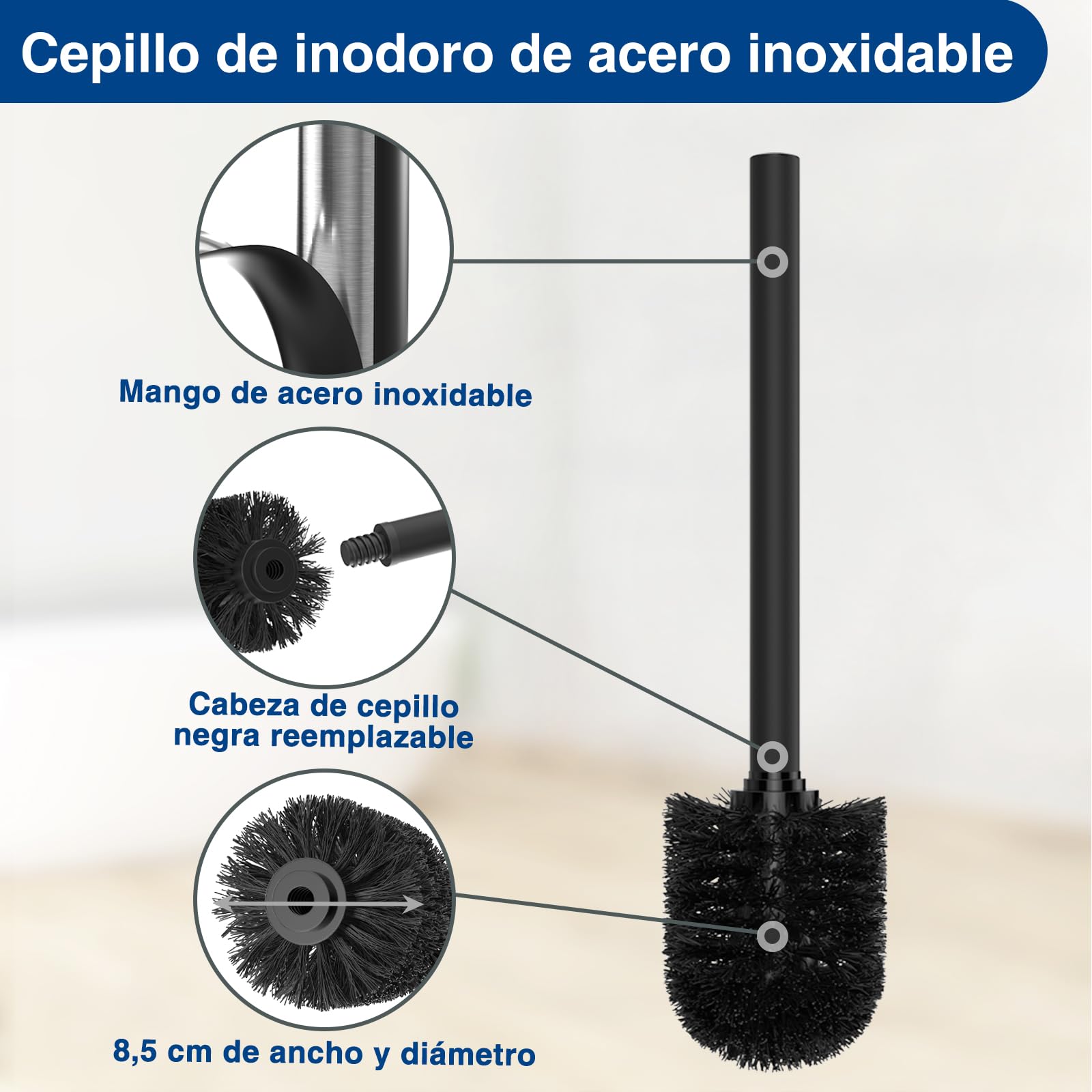Portarrollo de acero inoxidable higiénico con escobilla, bandeja y soporte para papel