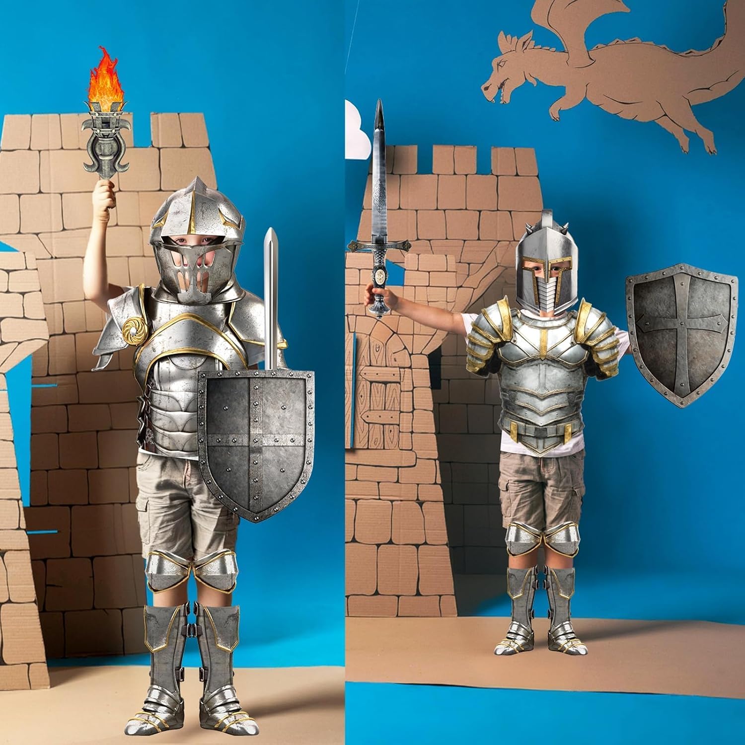 17 Pcs Medieval Knight Armor Costume Craft Kit Knight Birthday Decorations Medieval Paper Cutout Helmets Armor Swords Shield Cosplay Soldier Party Supplies for Kid Dress up Props Party Decorations image 5