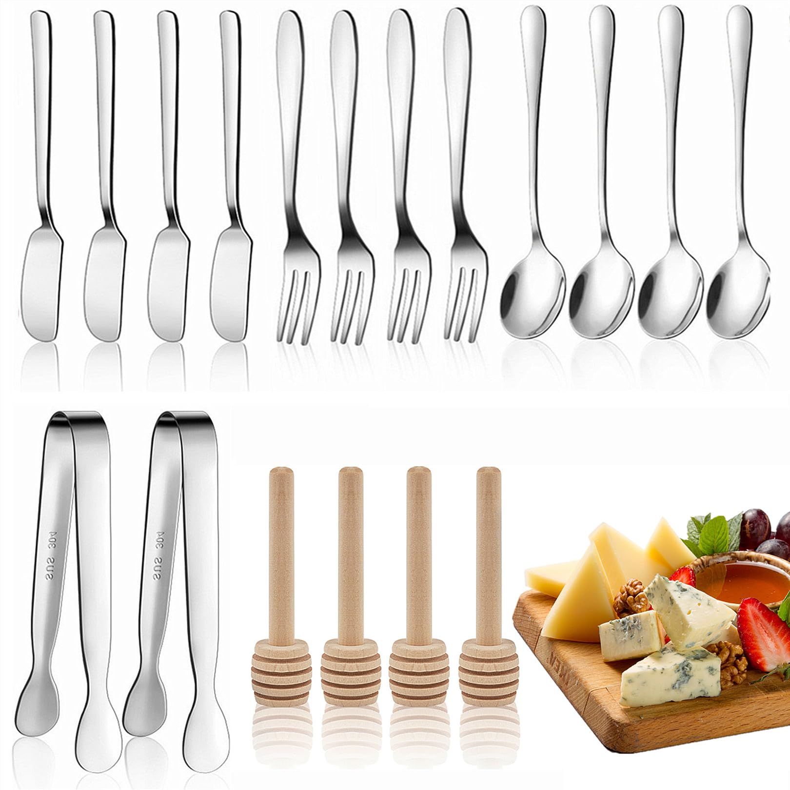 Charcuterie Board Accessories, 18 Pcs Silver Stainless Steel Spreader Knives Set Include Mini Serving Tongs, Cheese Butter Knives, Spoons, Forks, Honey Dippers